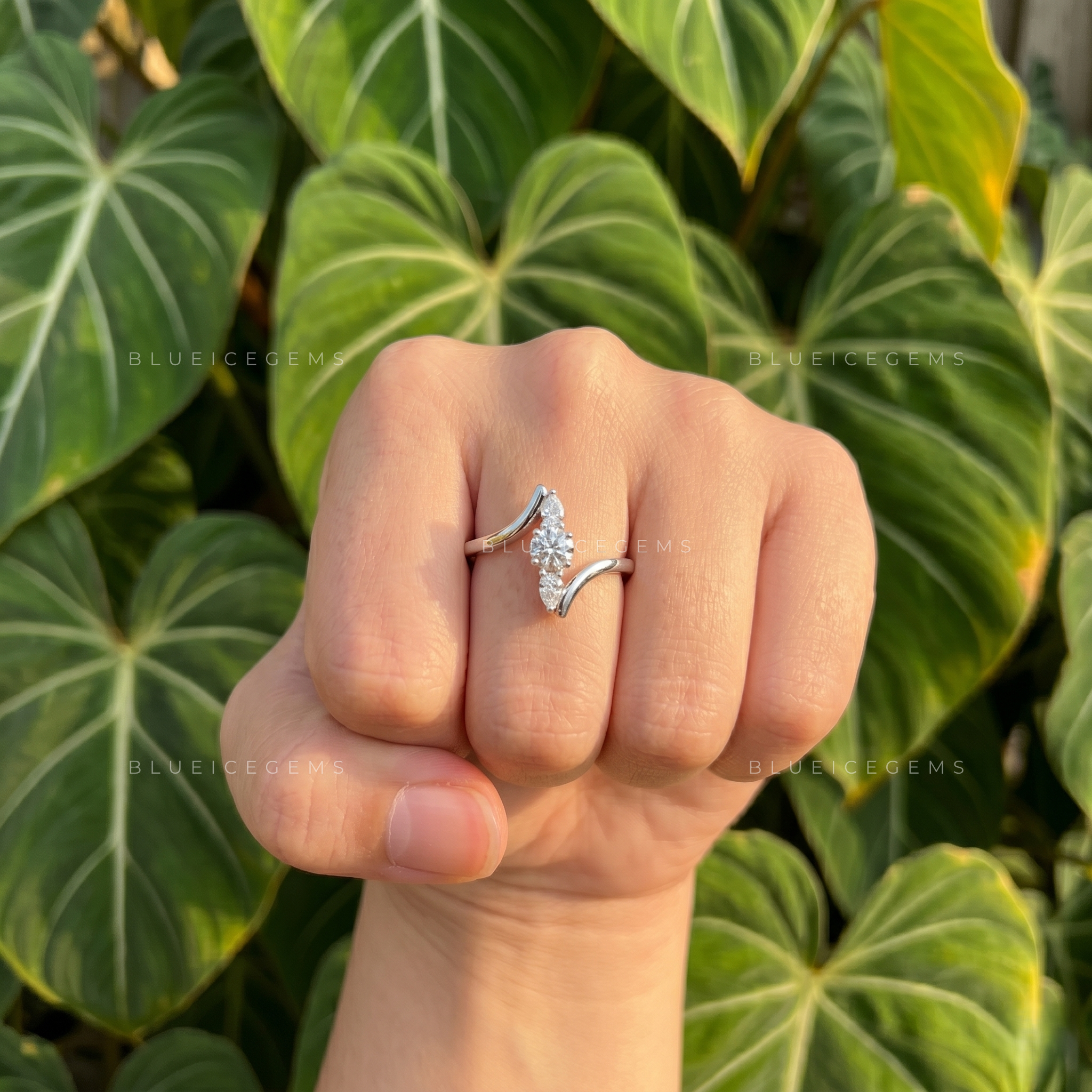 Modern Cascade Vertical Bar Three Stone Bypass Ring