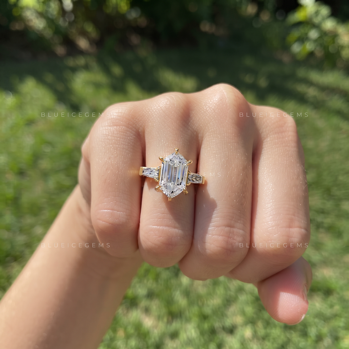 Evermore Elongated Hexagon Three-Stone Engagement Ring