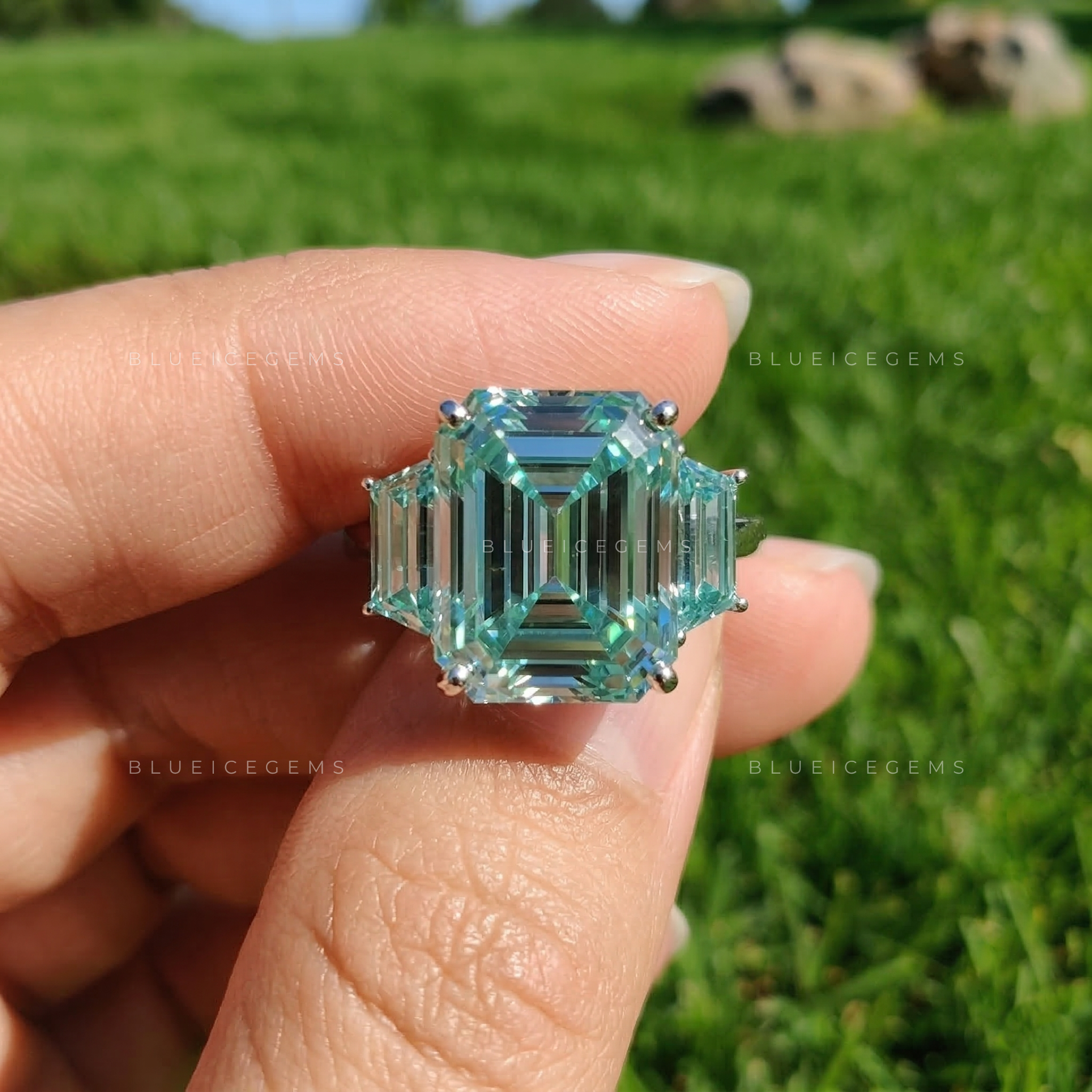Royal Azure Emerald Cut Celebrity Style Statement Ring