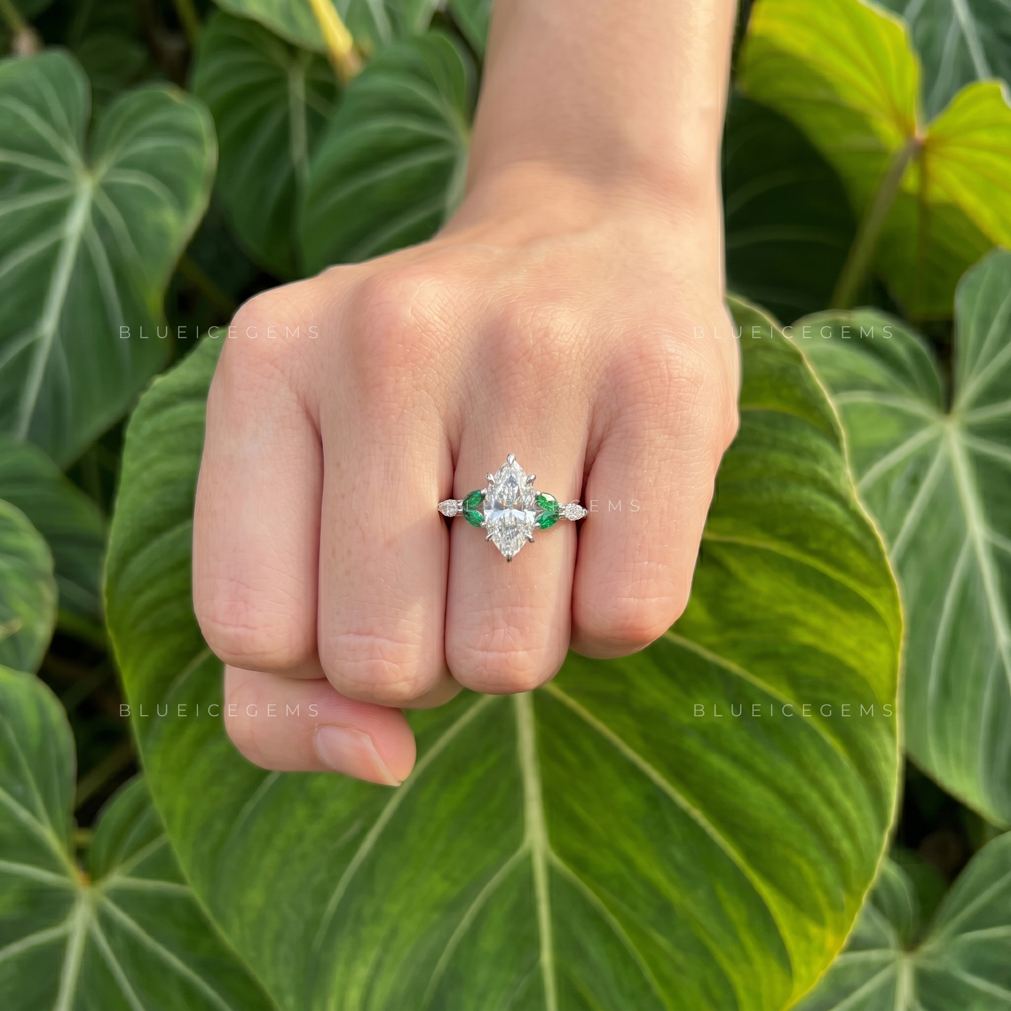 Enchanted Leaf Marquise Cut Engagement Ring with Emerald Accents