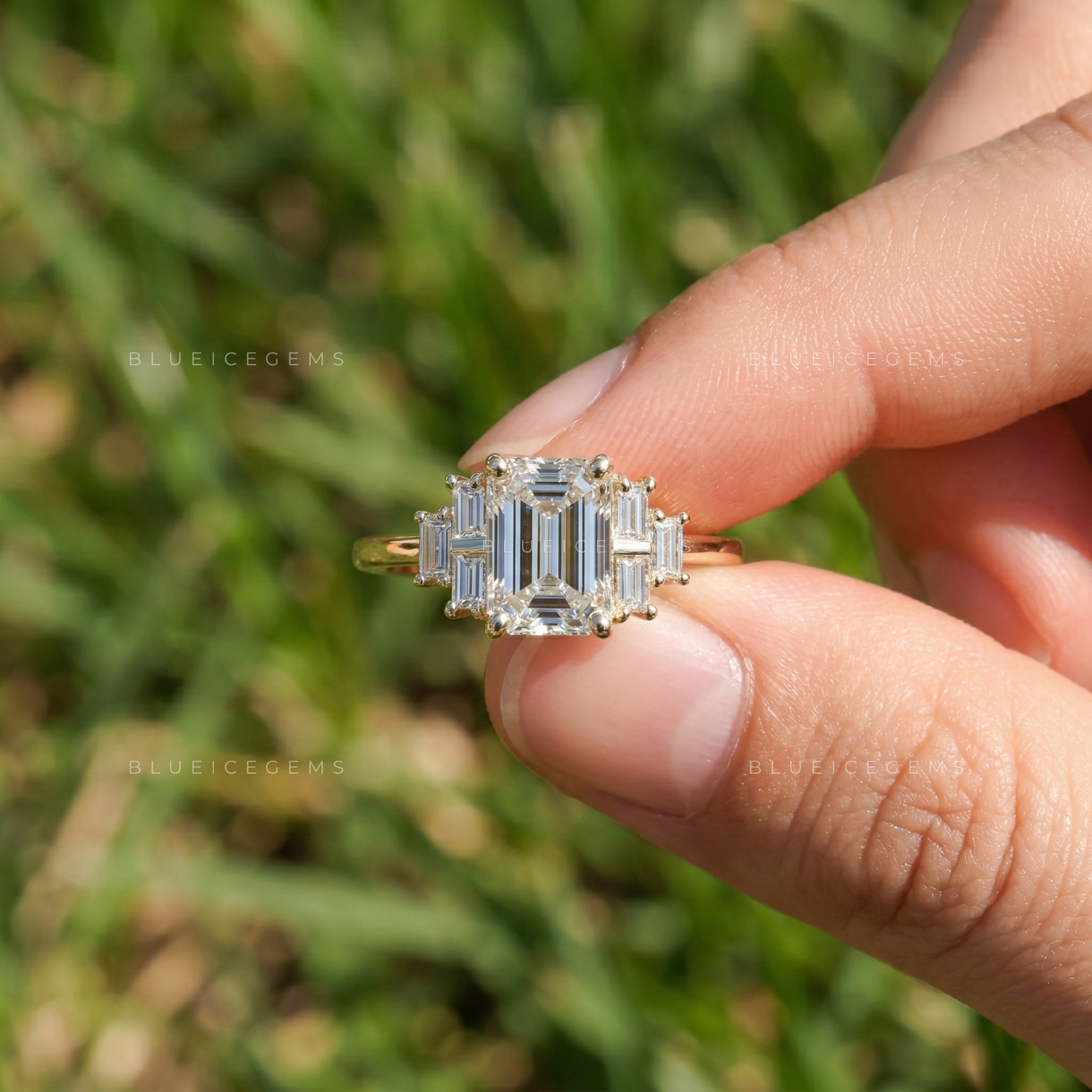 Elegant Emerald Cut Three Stone Side Baguette Engagement Ring