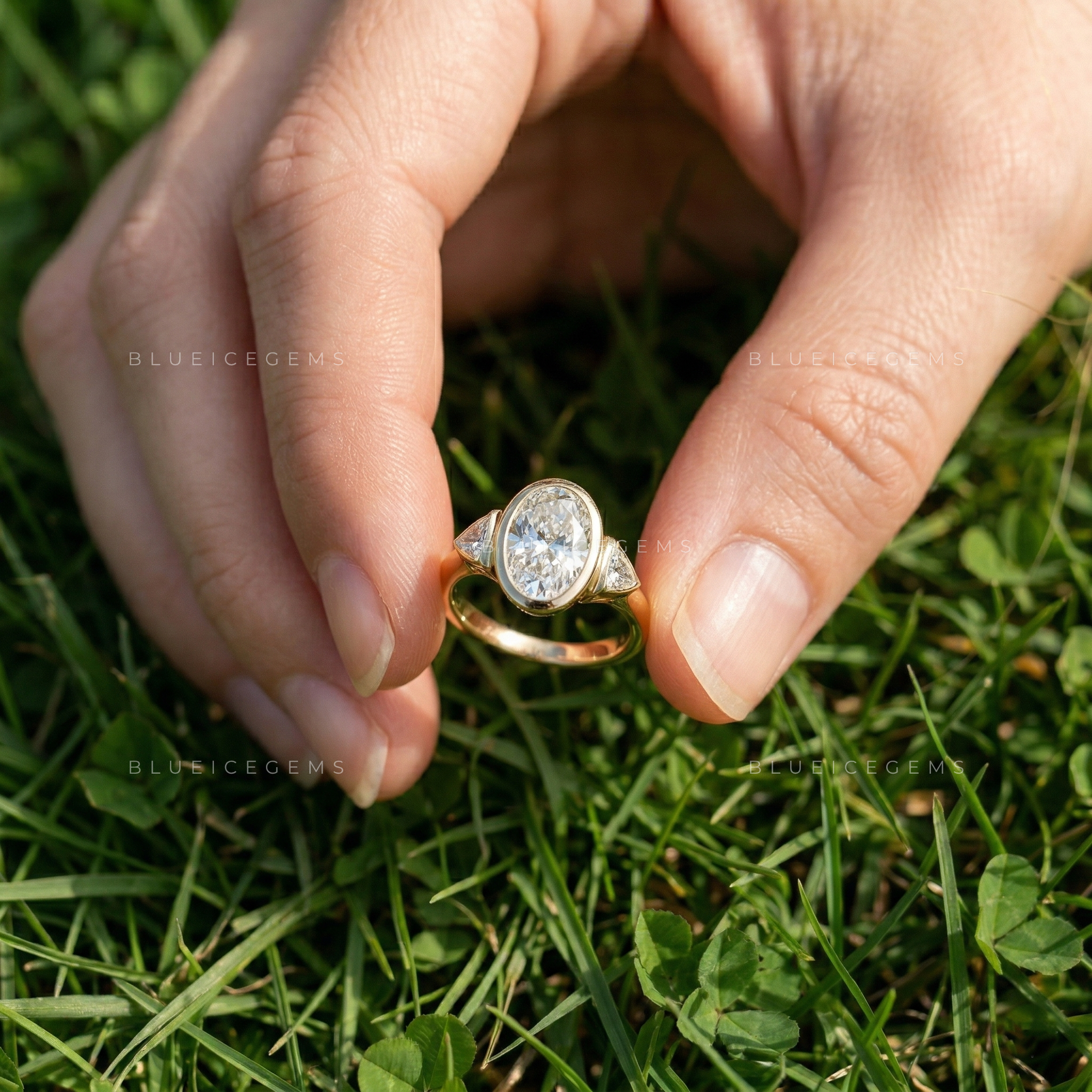 Modern Elegance Oval and Trillion Cut Trilogy Engagement Ring