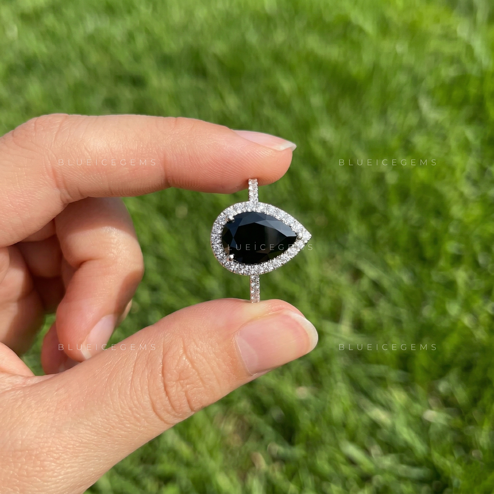 Midnight Eclipse Pear Cut Moissanite Pavé Engagement Ring
