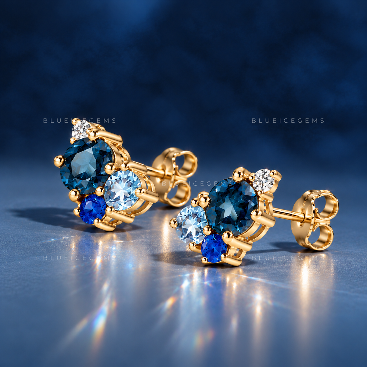 Blue Gemstone Cluster Stud Earrings