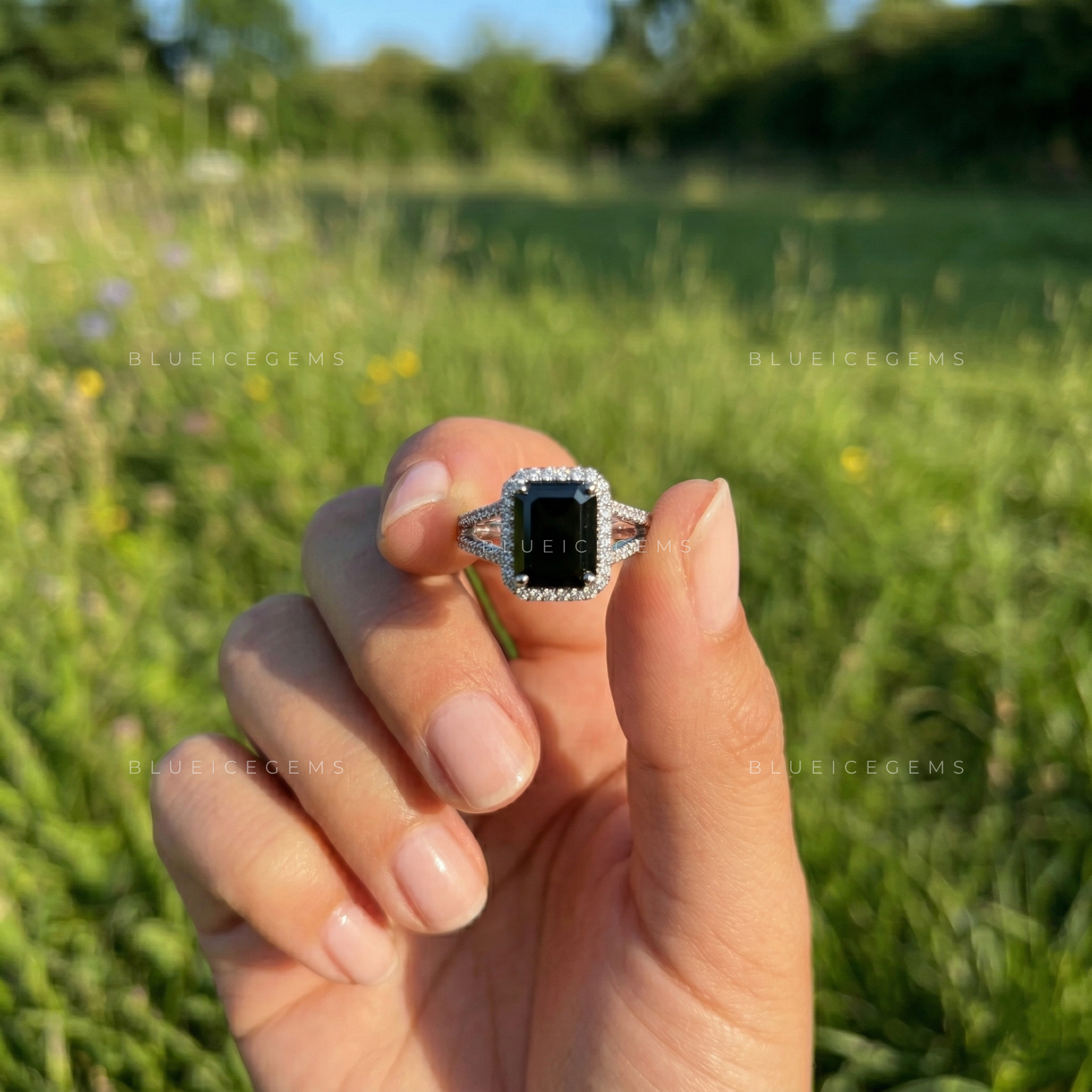 Architectural Noir Emerald Cut Black Diamond Pavé Engagement Ring