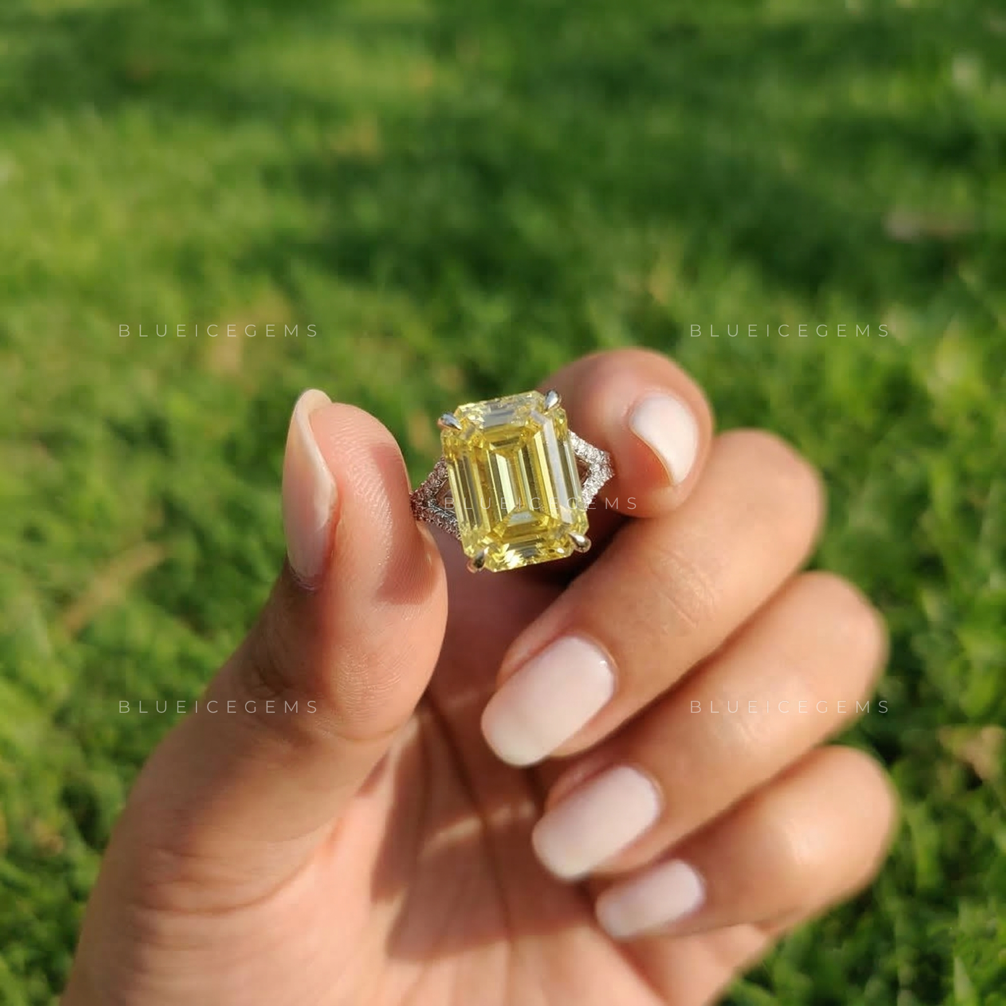 Golden Canary Emerald Cut Split Shank Ring