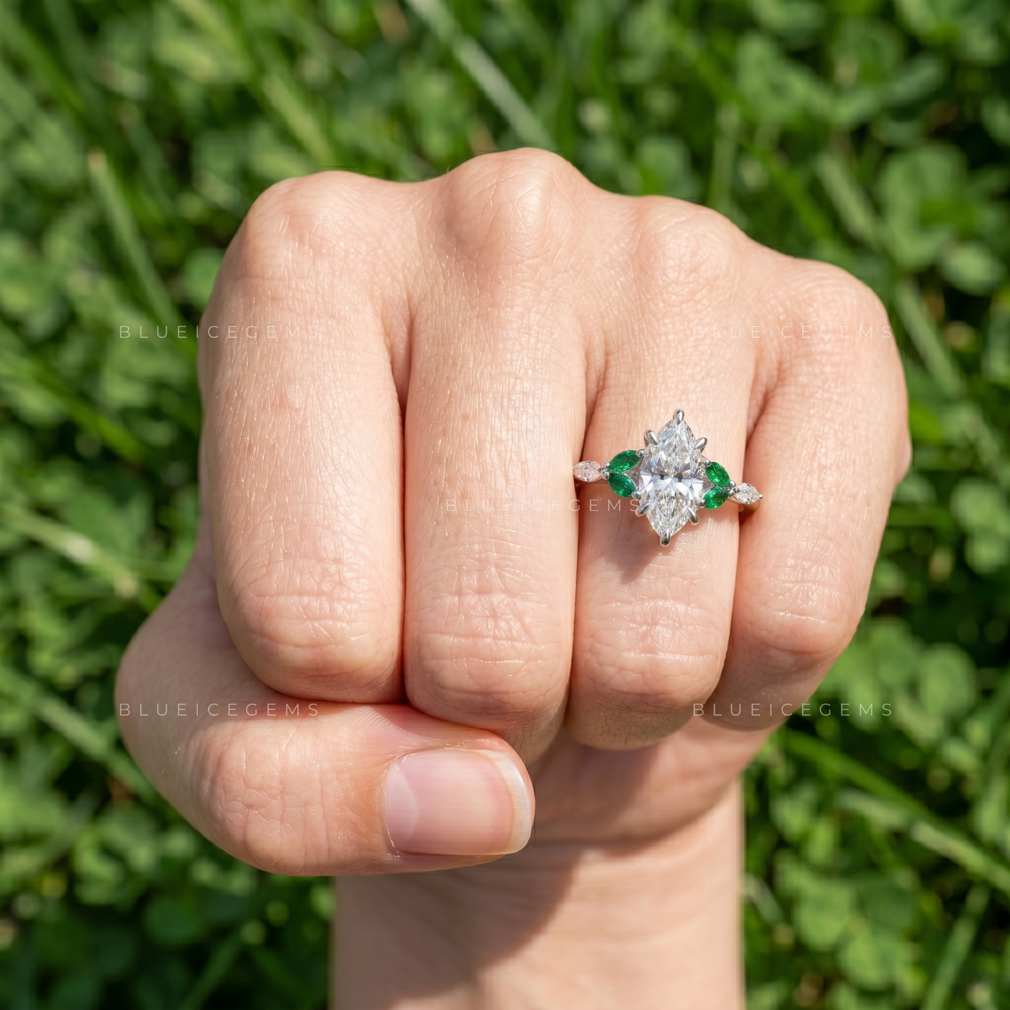 Enchanting Marquise Cut Botanical Inspired Gemstone Trilogy Ring
