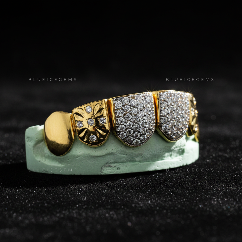 Floral Engraved Iced-Out Shield Grillz