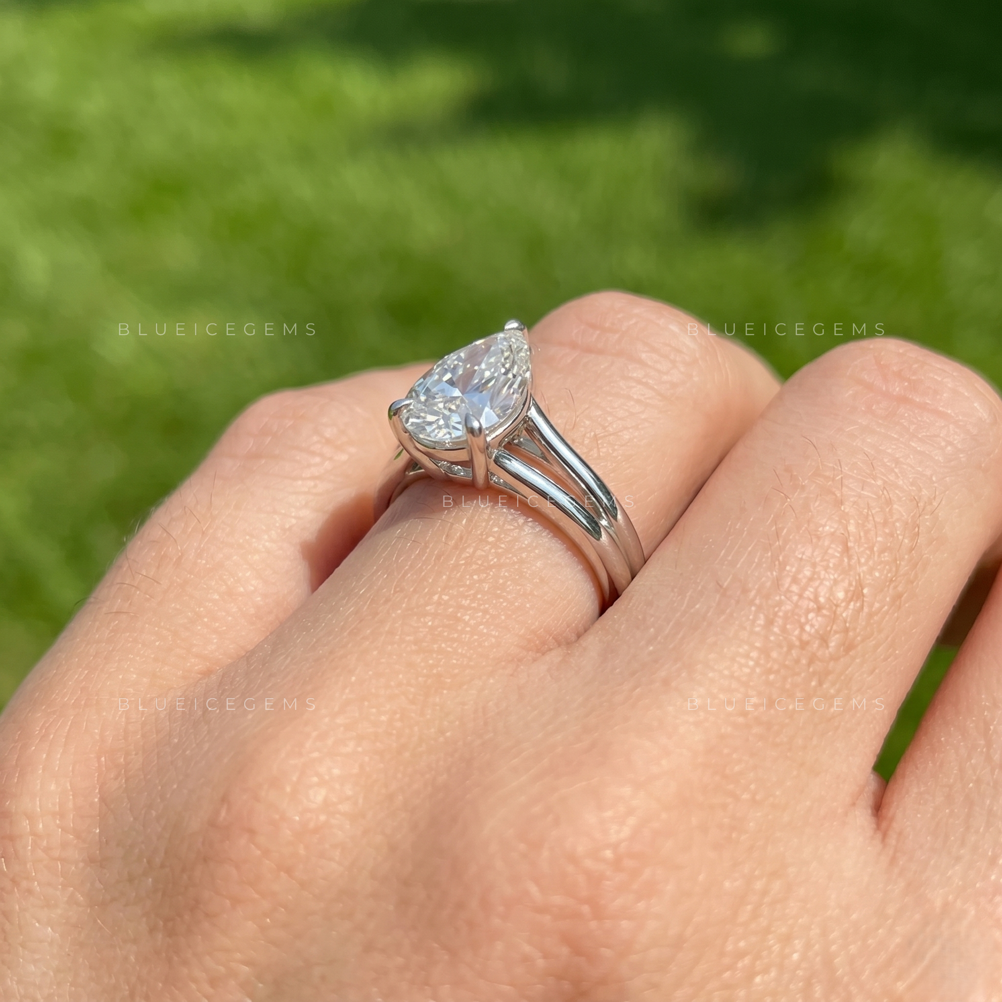 Graceful Majesty Pear Cut Split Shank Hidden Halo Engagement Ring