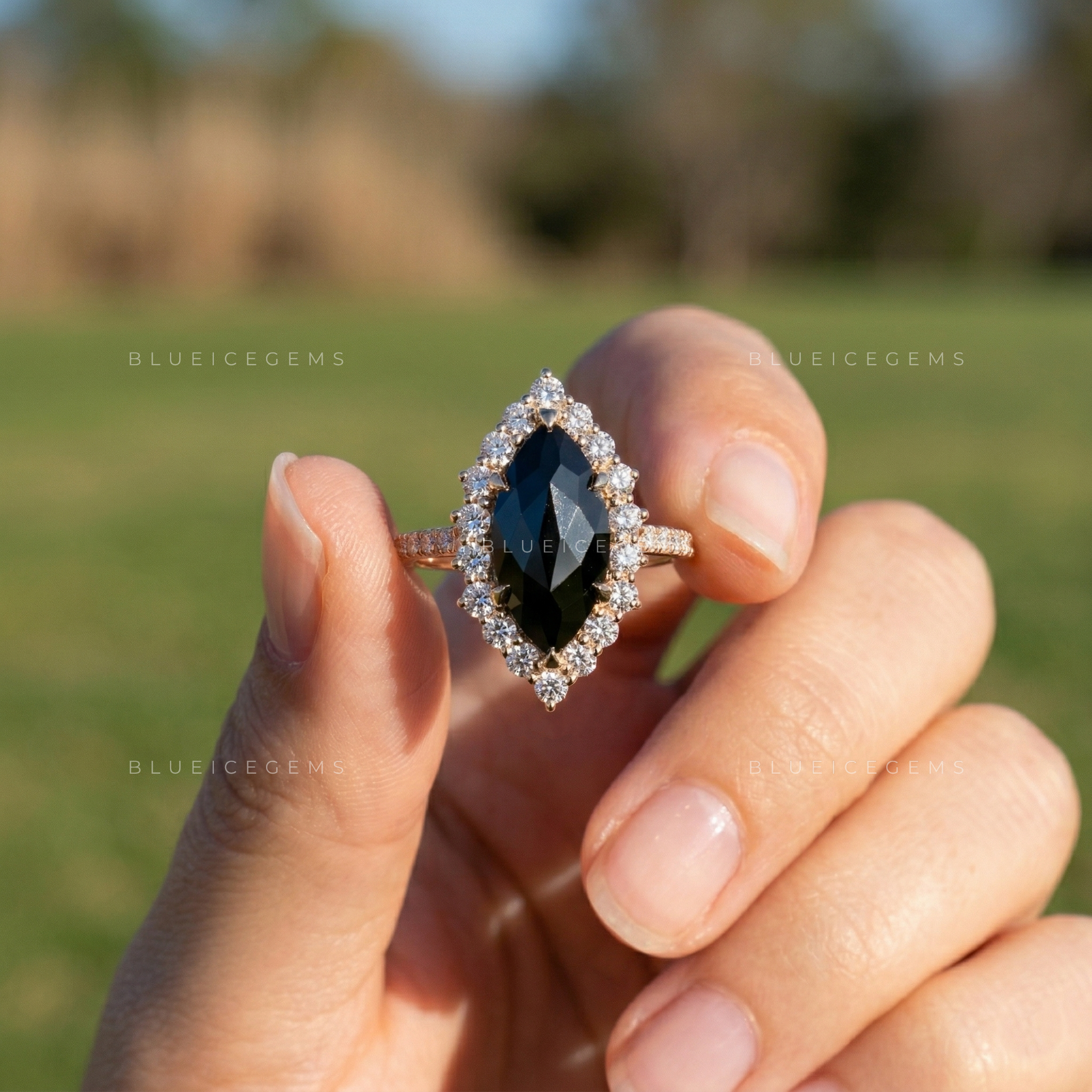 Mystic Nocturne Marquise Flower Rose Cut Black Diamond Ring