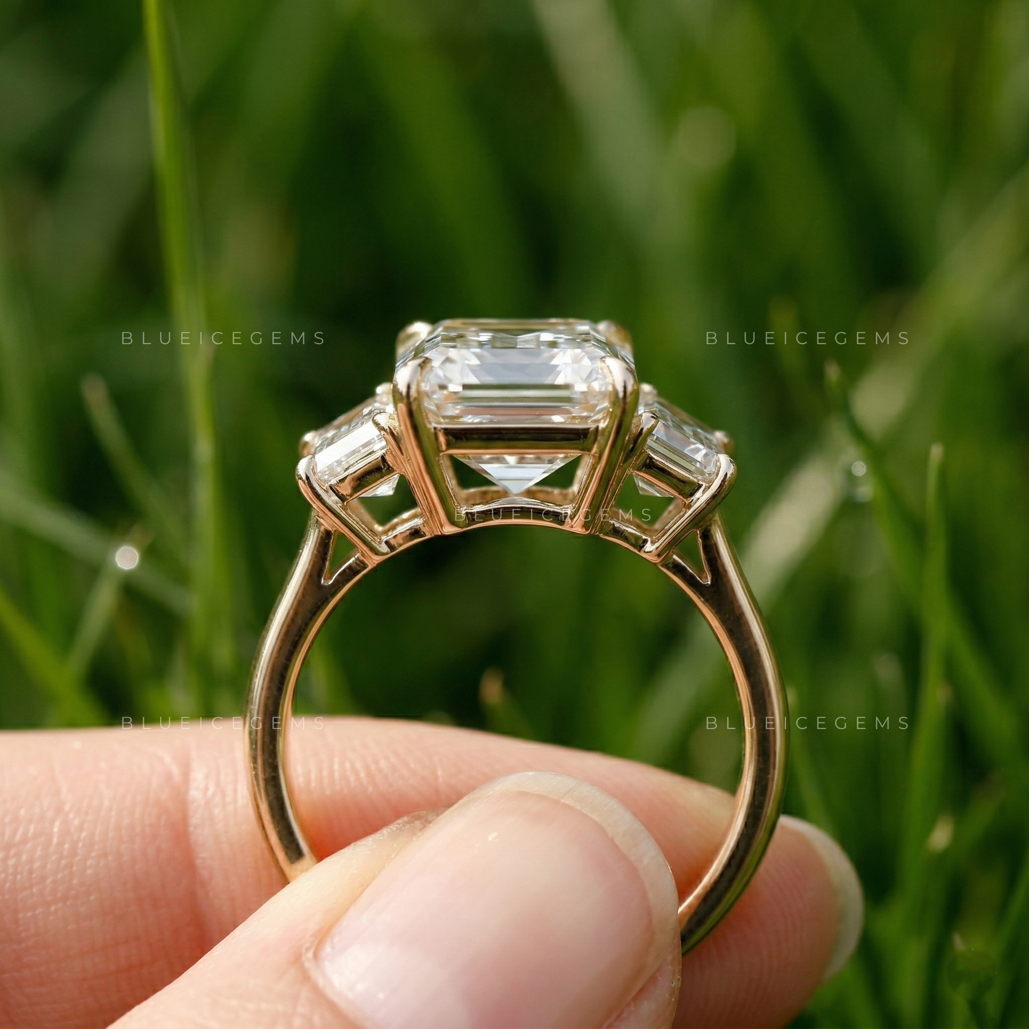 Architectural Elegance Emerald and Trapezoid Cut Trilogy Ring
