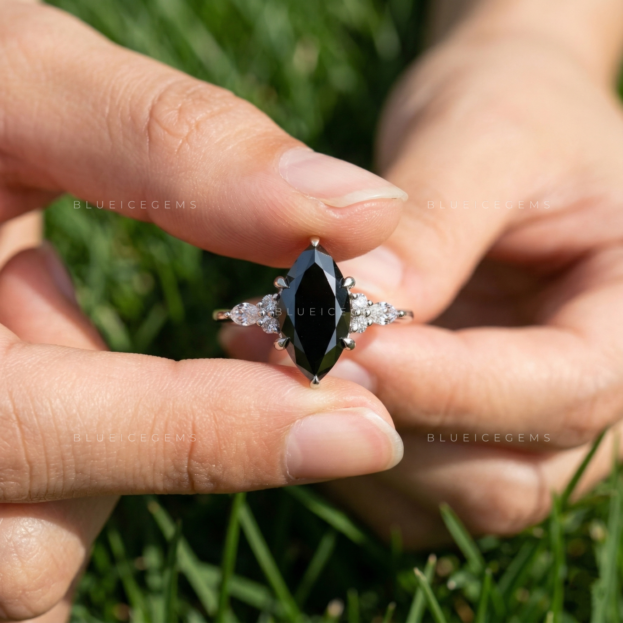 Midnight Noir Marquise Cut Black Diamond Vine Engagement Ring
