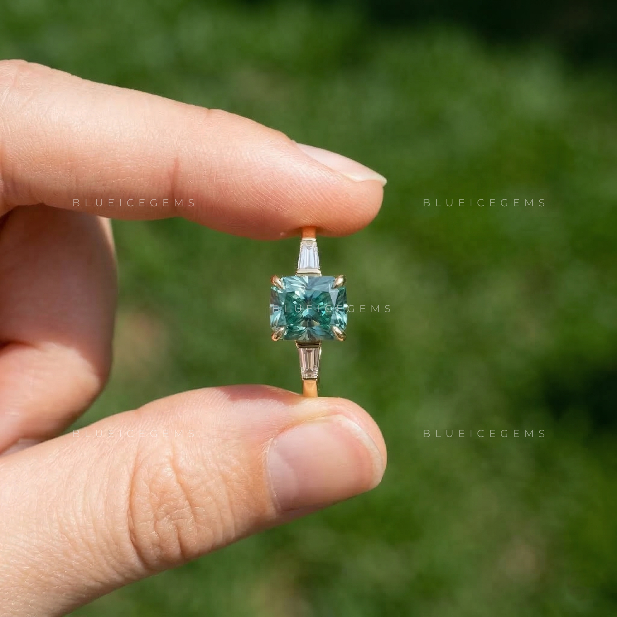 Cerulean Sky Elongated Cushion Tapered Baguette Ring