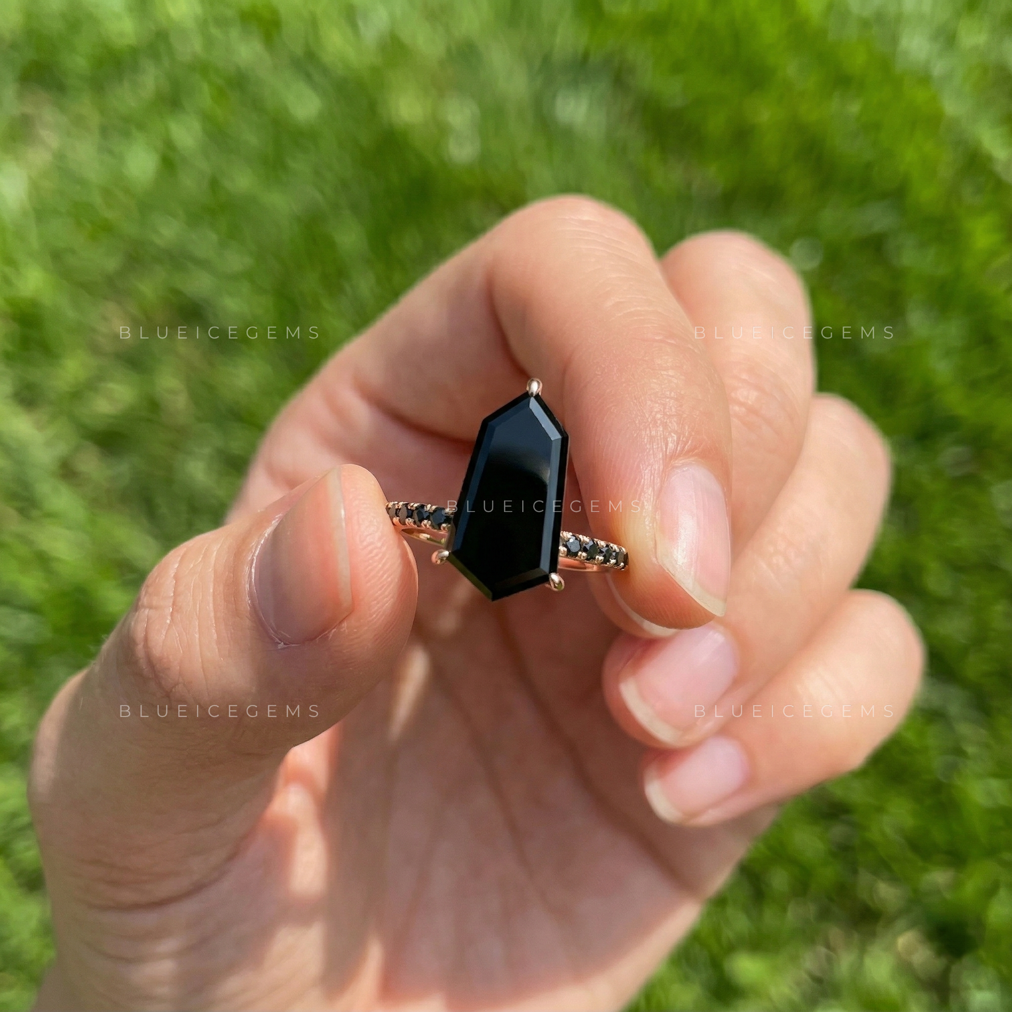 Modern Noir Shield Cut Black Diamond Halo Engagement Ring