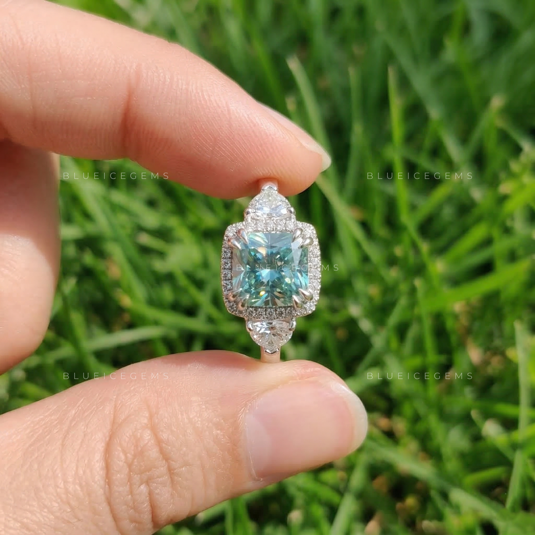 Azure Serenity Cushion and Halfmoon Five-Stone Ring