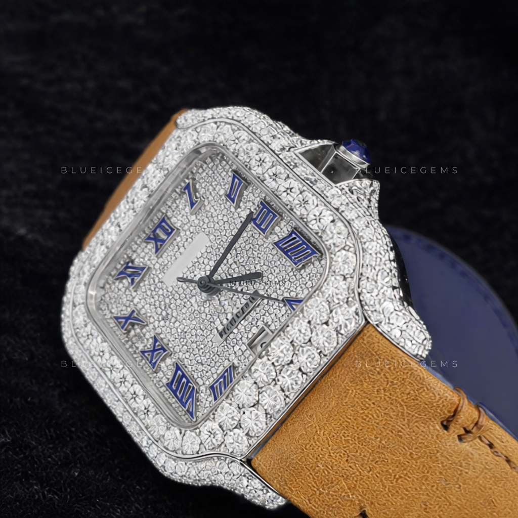 Royal Azure: Moissanite Fully Iced-Out Custom Roman Watch