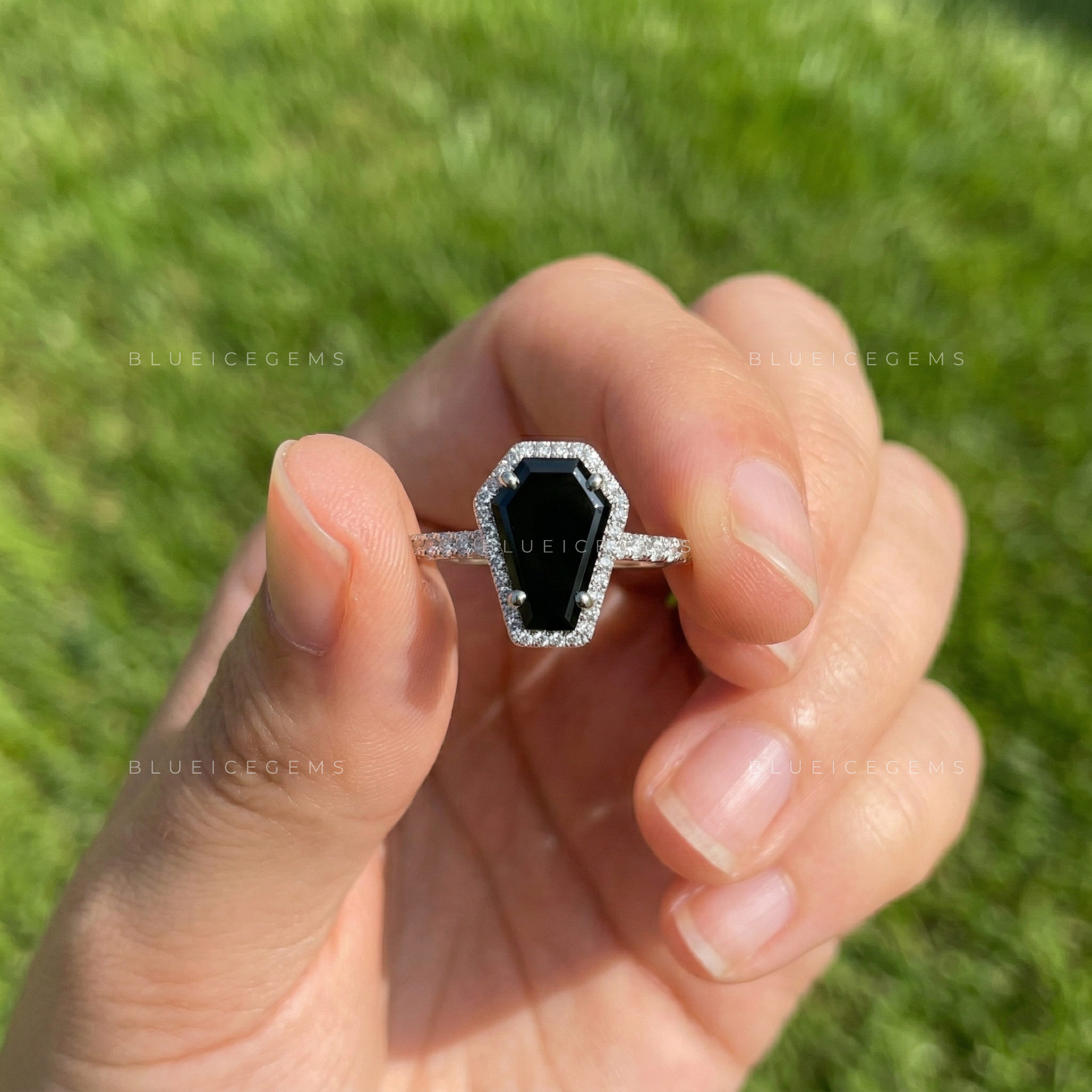 Midnight Noir Coffin Cut Black Moissanite Halo Engagement Ring