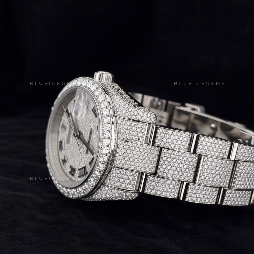 Sterling Frost: Fully Iced-Out Custom Roman Moissanite & Diamond Watch