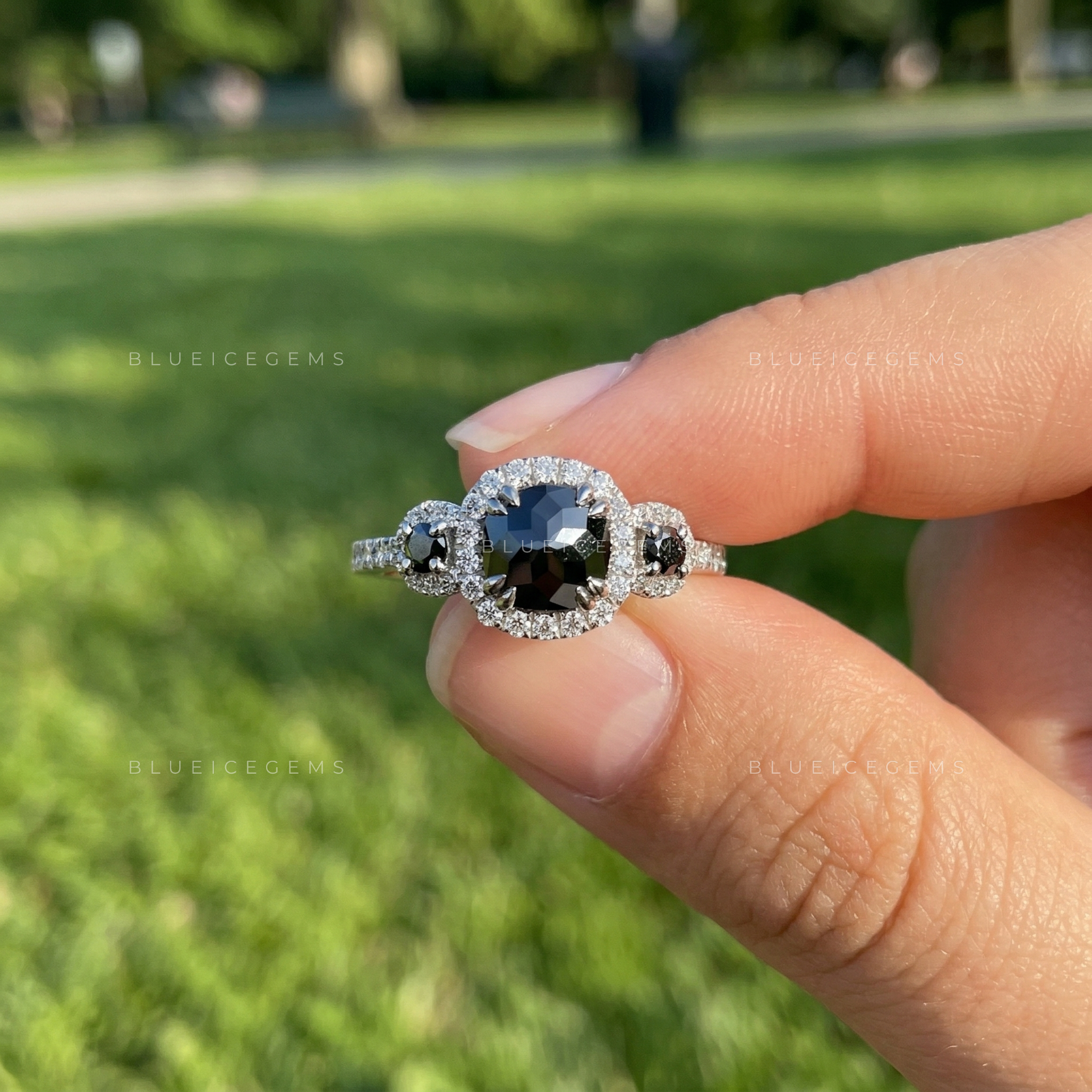 Midnight Noir Flower Cushion Cut Black Diamond Vintage Halo Ring