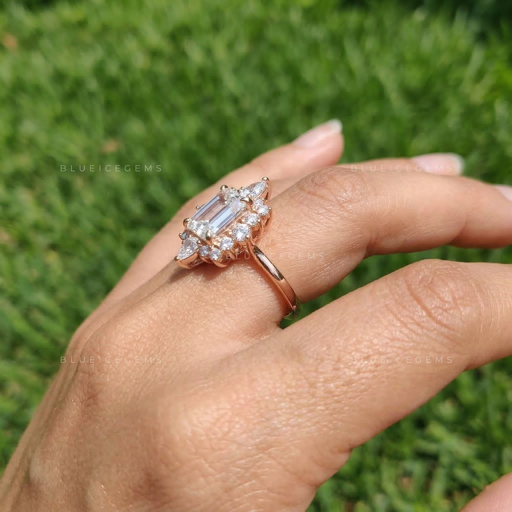 Architectural Elegance Emerald and Pear Cut Trio Ring