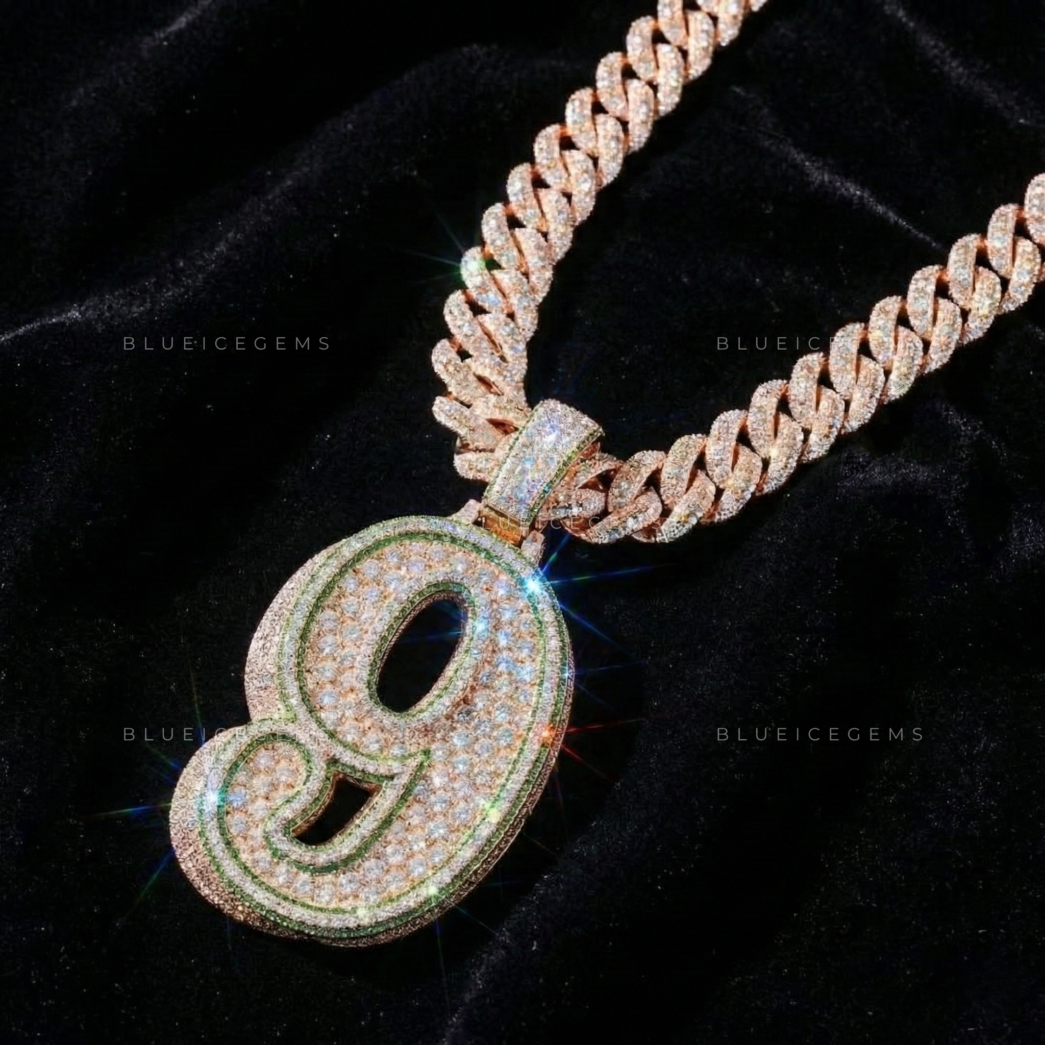 The "NUMBER 9" Emerald Contour: Two-Tone Curvature & Iced-Out Numerology Pendant