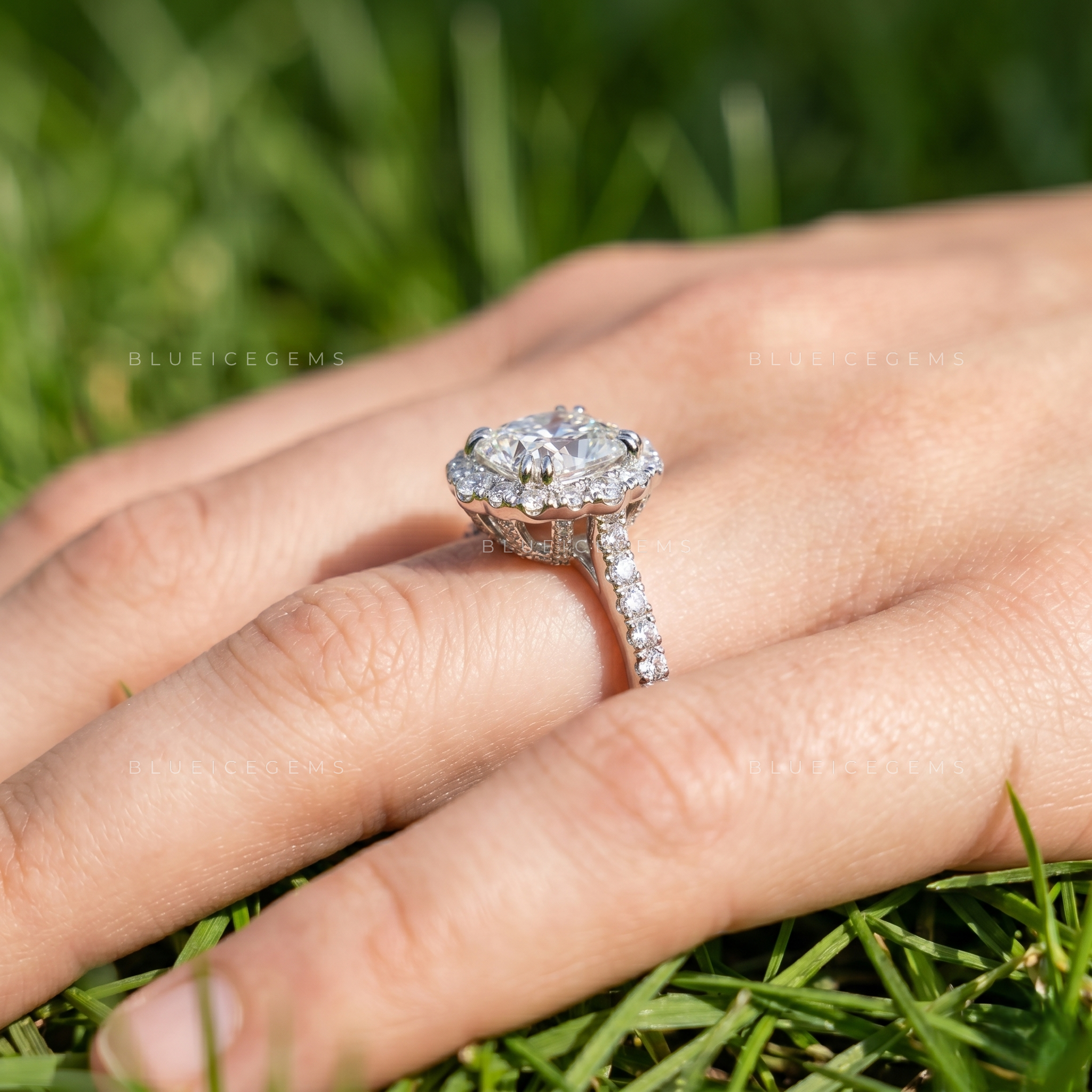 Radiant Allure Cushion Cut Pave Accent Engagement Ring