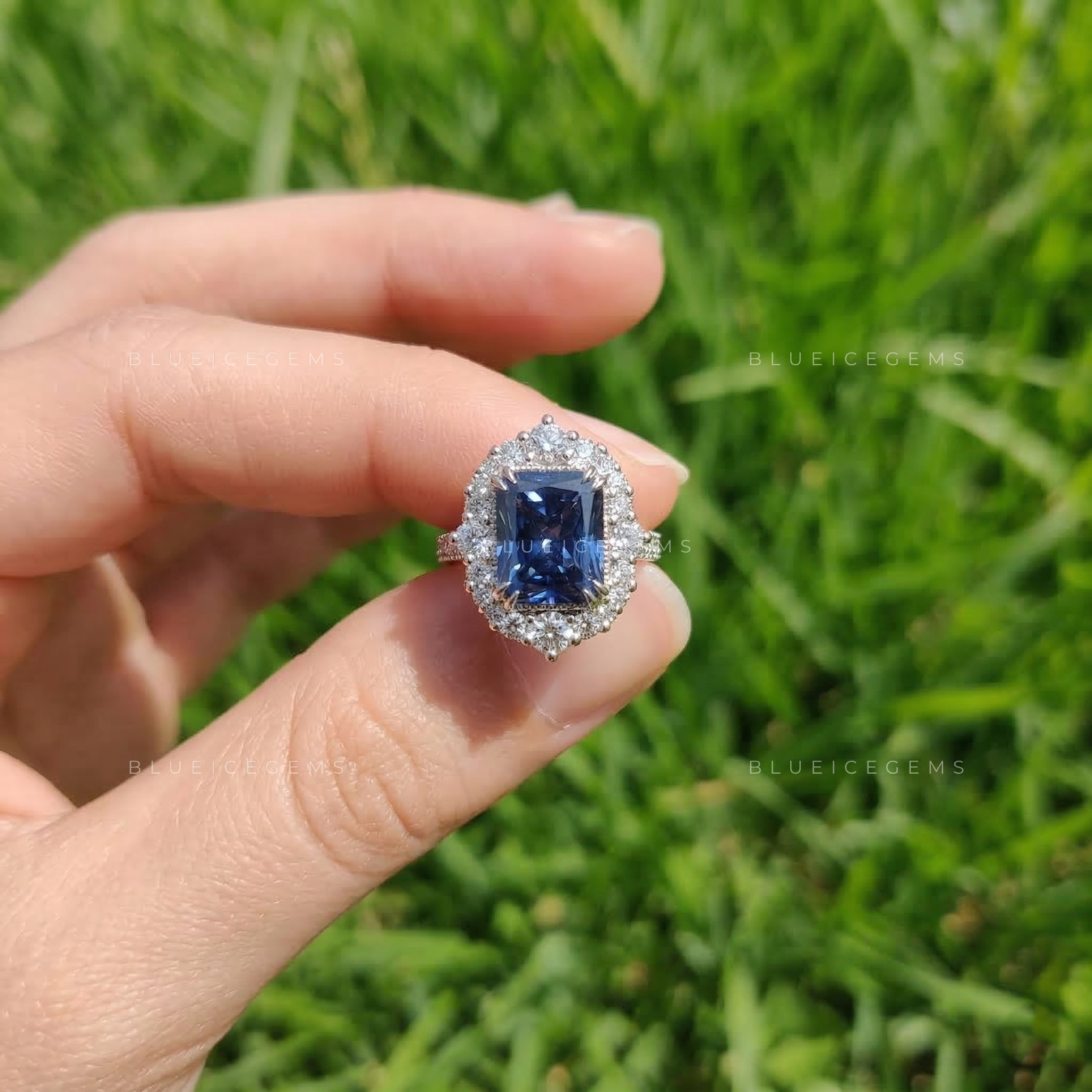 Deep Sea Radiant Cut Blue Moissanite Pavé Ring