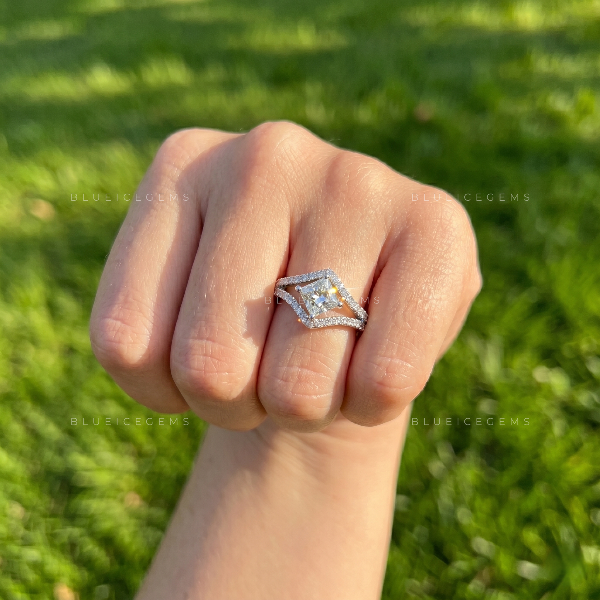 Artistic Open-Shank Princess Cut Statement Pave Band Ring