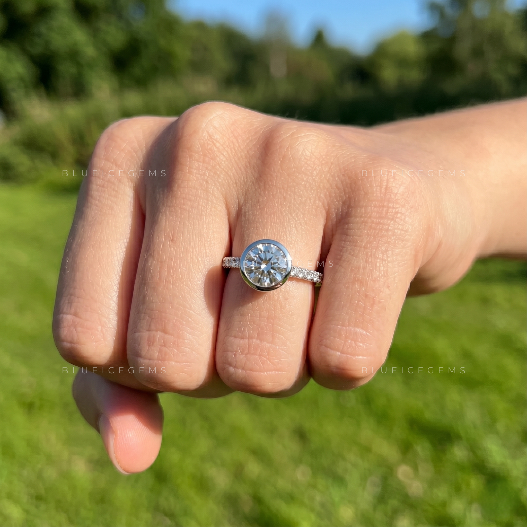 Modern Radiance Round Brilliant Cut Bezel Set Solitaire Accent Engagement Ring