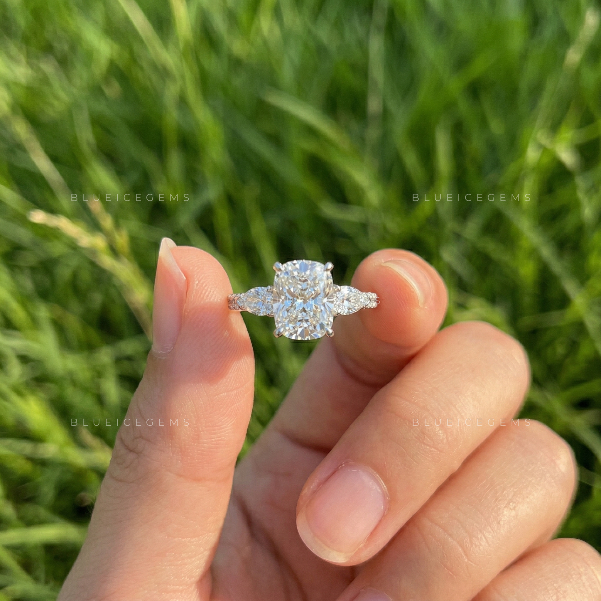 Romantic Sophistication Cushion Cut Floral Trilogy Engagement Ring