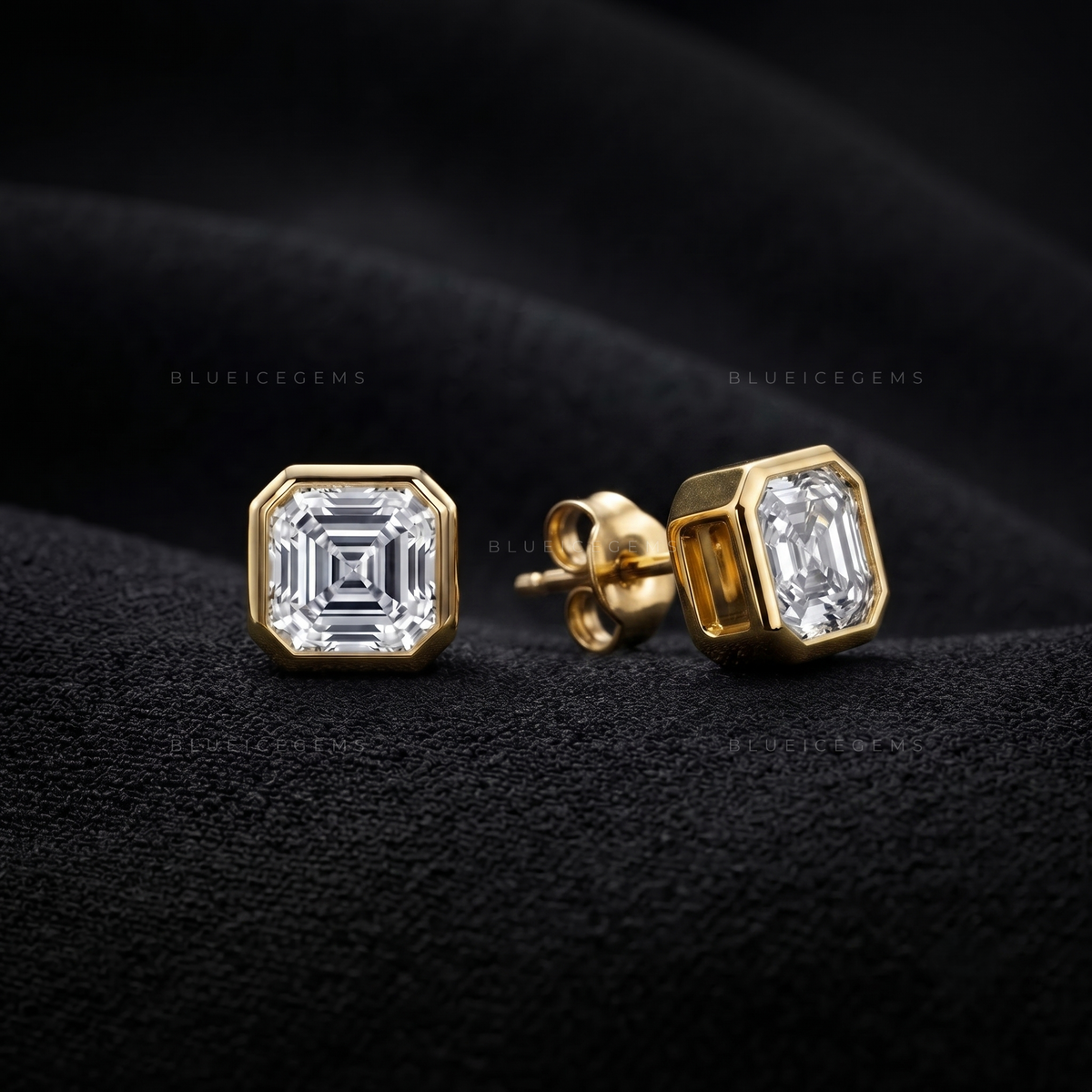 Obsidian Frame Asscher Lab-Grown Diamond Bezel Stud Earrings