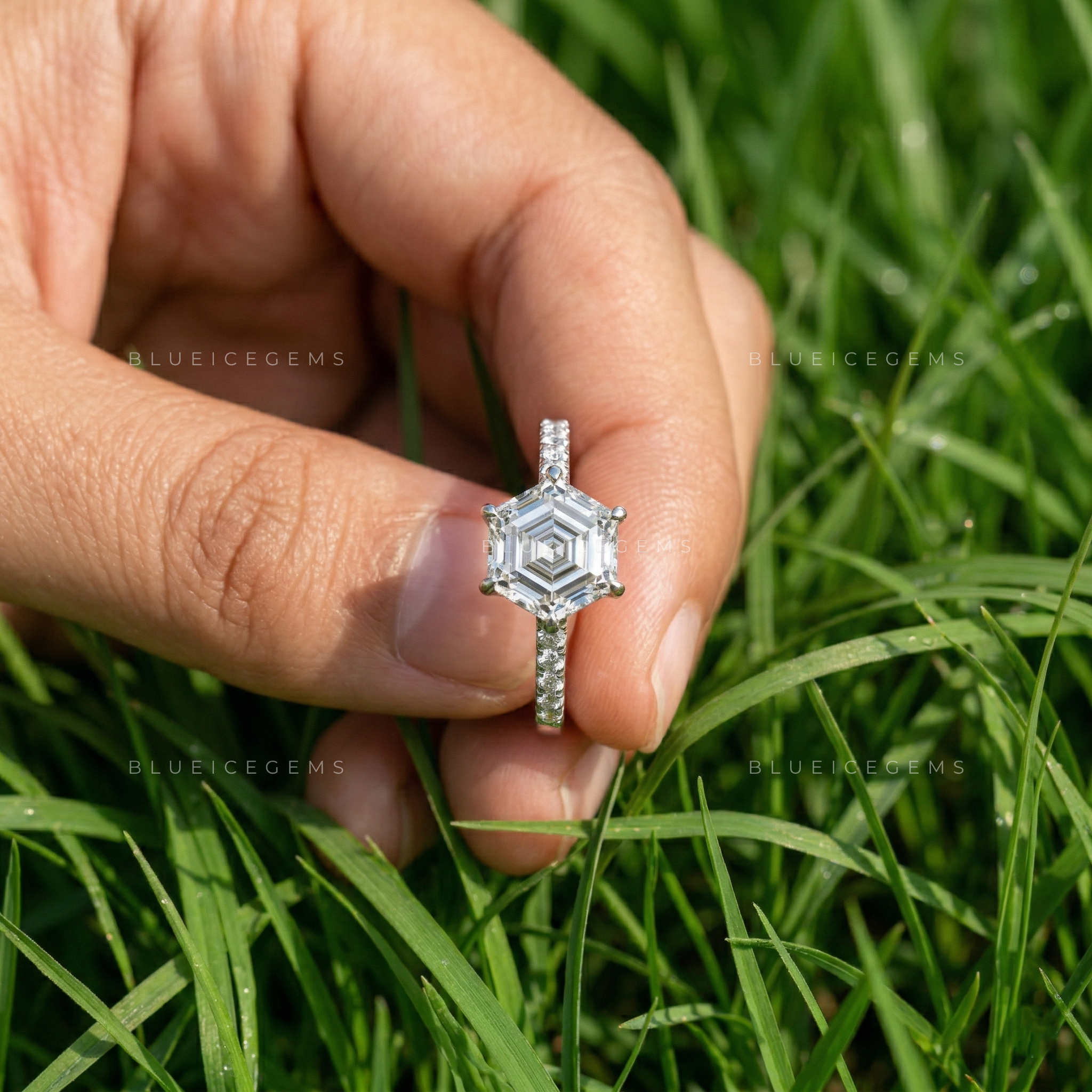 Architectural Radiance Hexagon Step Cut Hidden Accent Ring