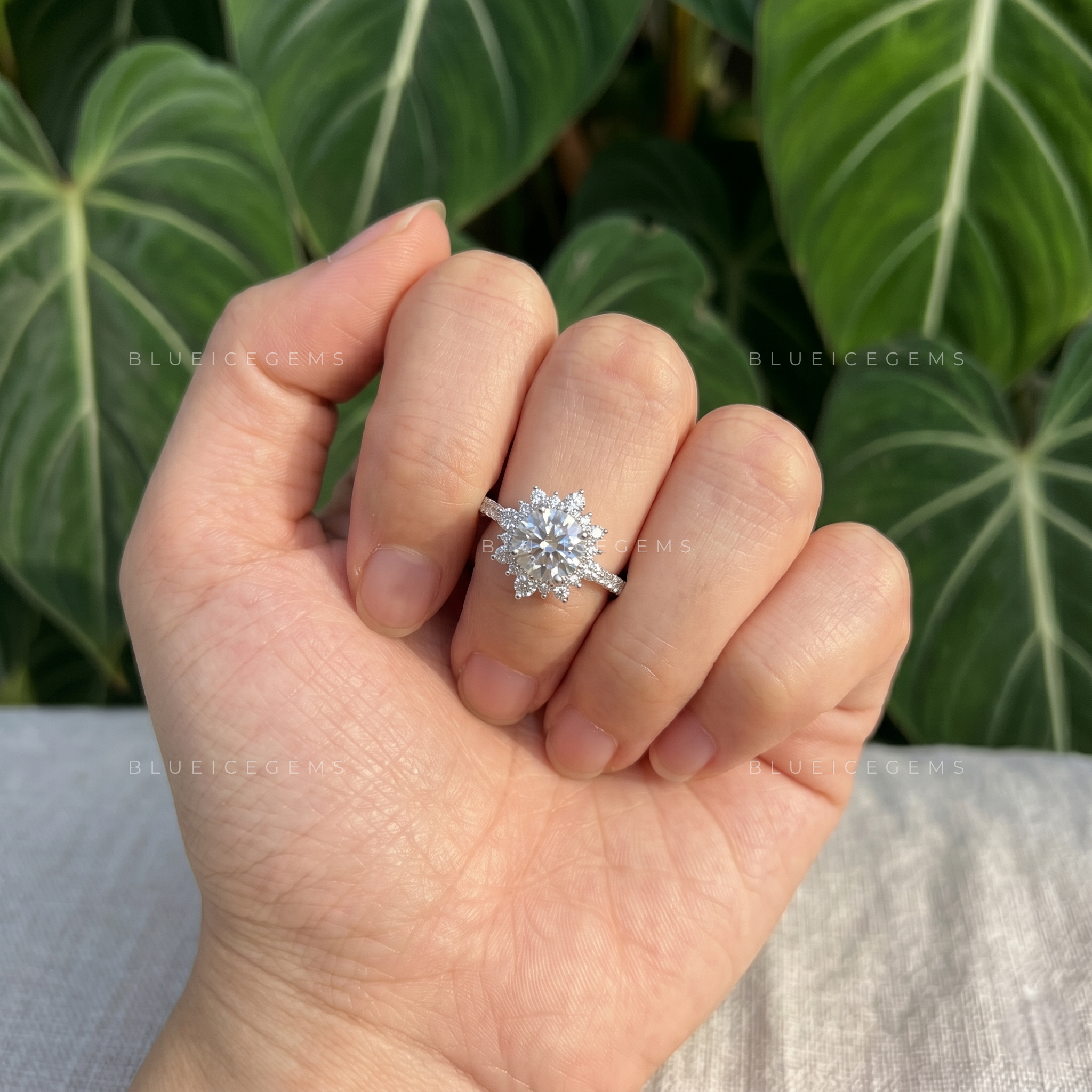 Ethereal Radiance Round Cut Cluster Halo Low Setting Engagement Ring