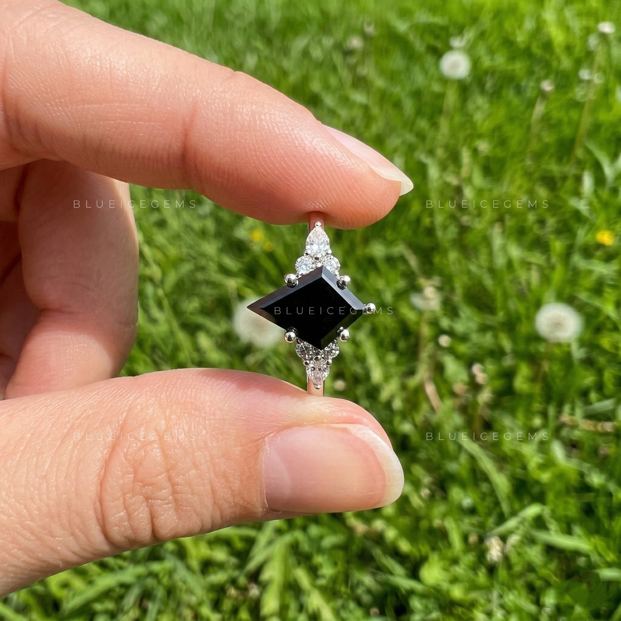 Midnight Noir Kite Cut Black Diamond Celestial Accent Ring
