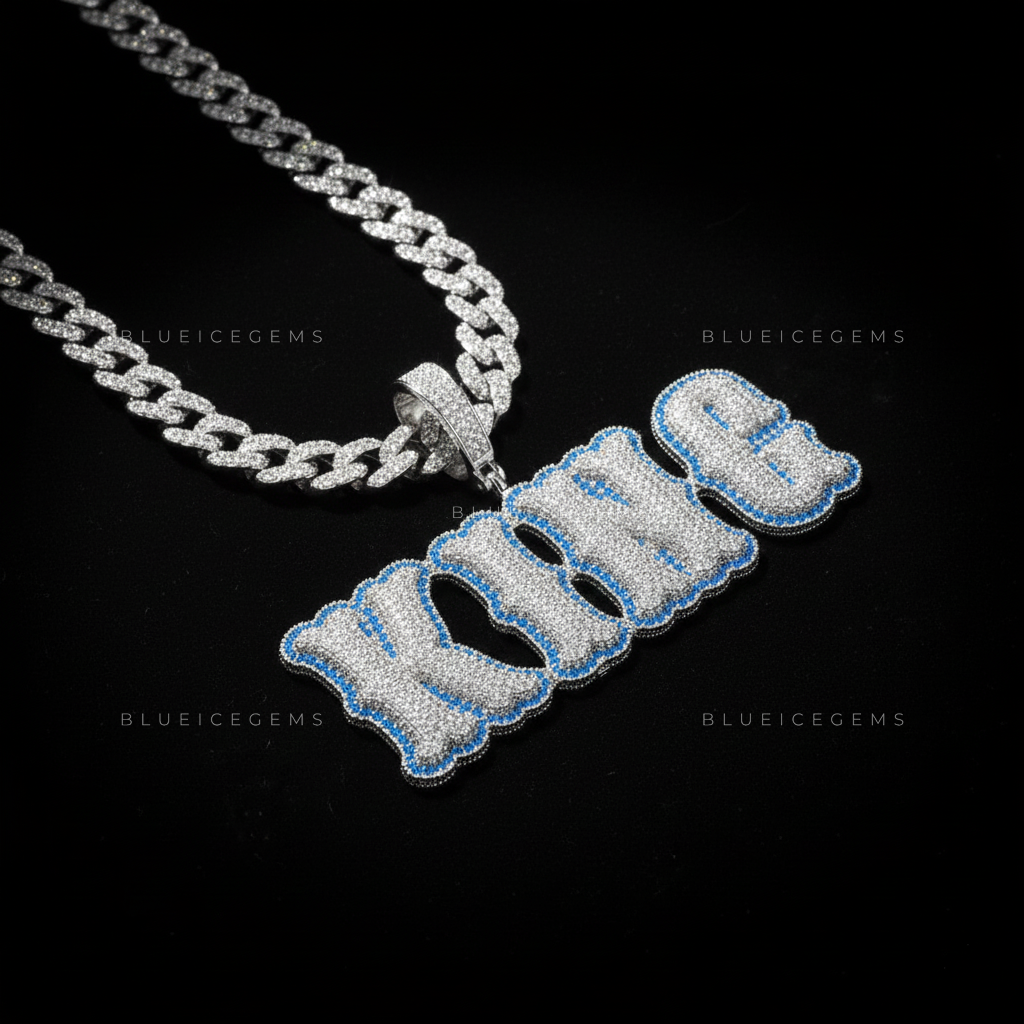 The "KING" Azure Sovereign: Electric Blue Halo & 3D Bubble Script Pendant