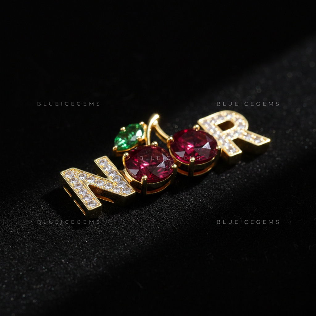 The "NOOR" Cherry Blossom: Crimson Garnet & Emerald Leaf Nameplate