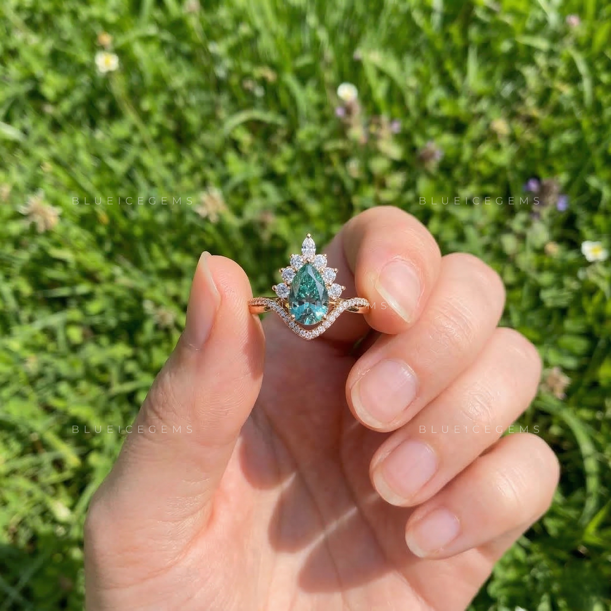 Azure Waters Pear Cut Cyan Blue Floral Ring