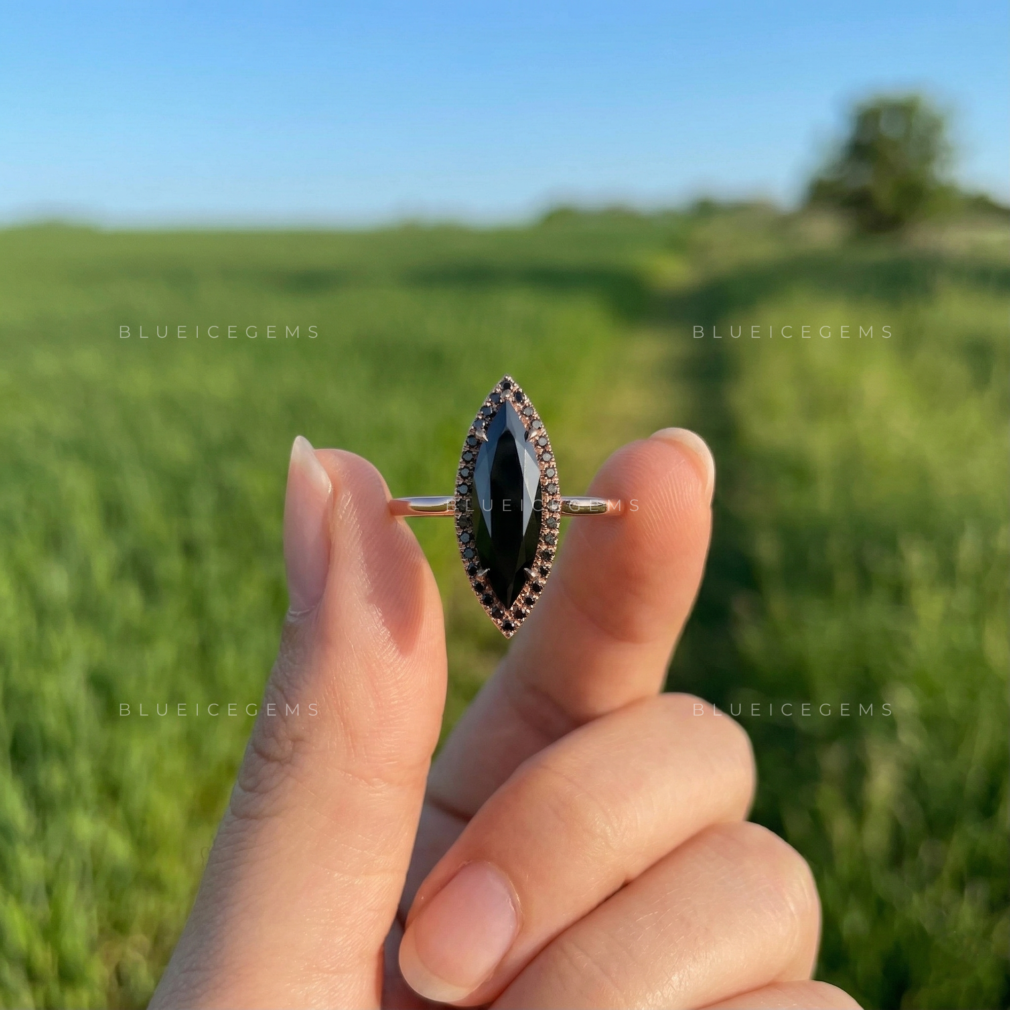Midnight Noir Long Marquise Black Moissanite Accent Ring