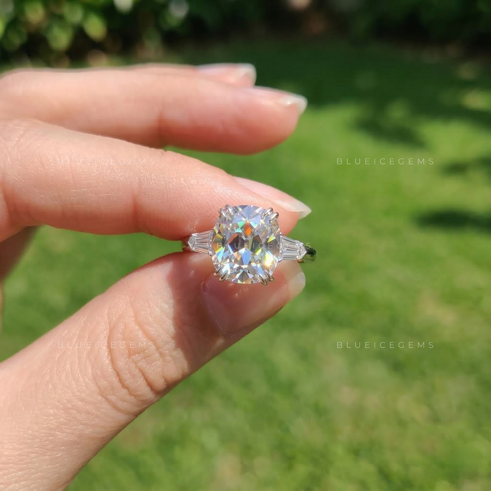 Antique Luster Cushion Old European Bullet Three Stone Ring