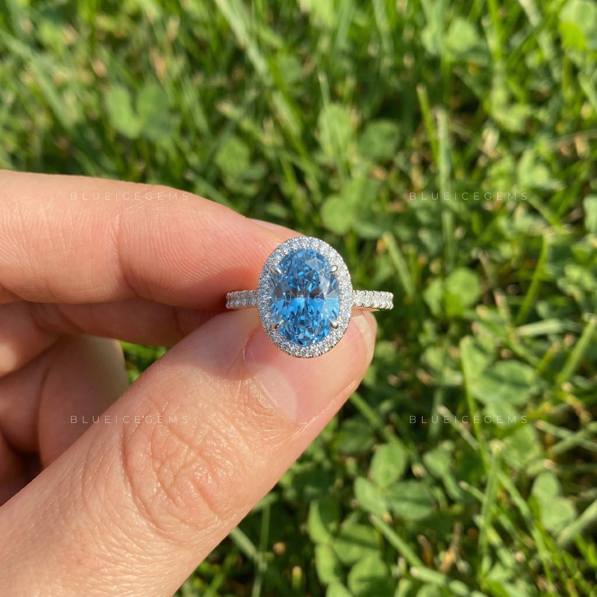 The "Midnight Siren" Oval Blue Diamond: Statement Halo Ring