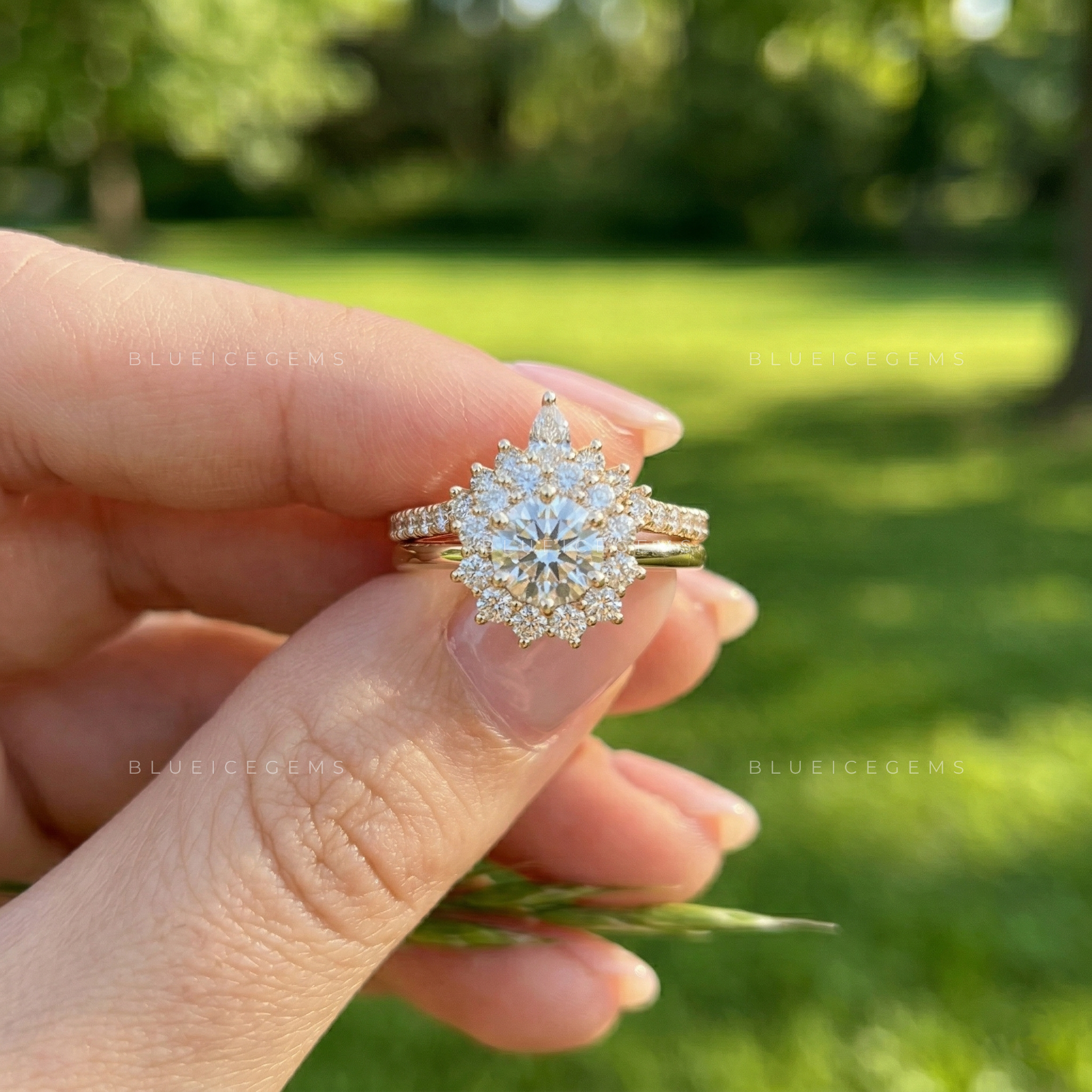 Celestial Radiance Round Brilliant Bridal Set with Contoured Floral Band