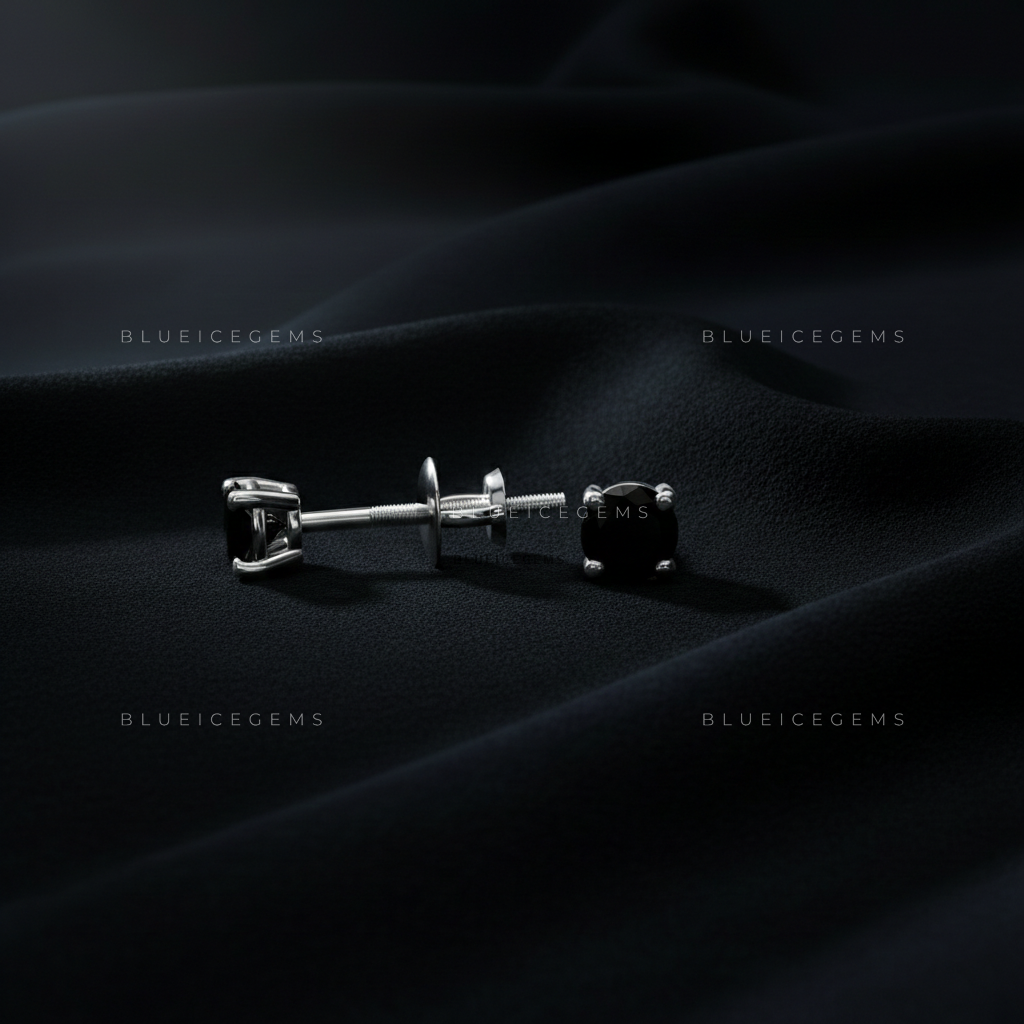 The Noir Radiance: Round Black Diamond Stud Earrings