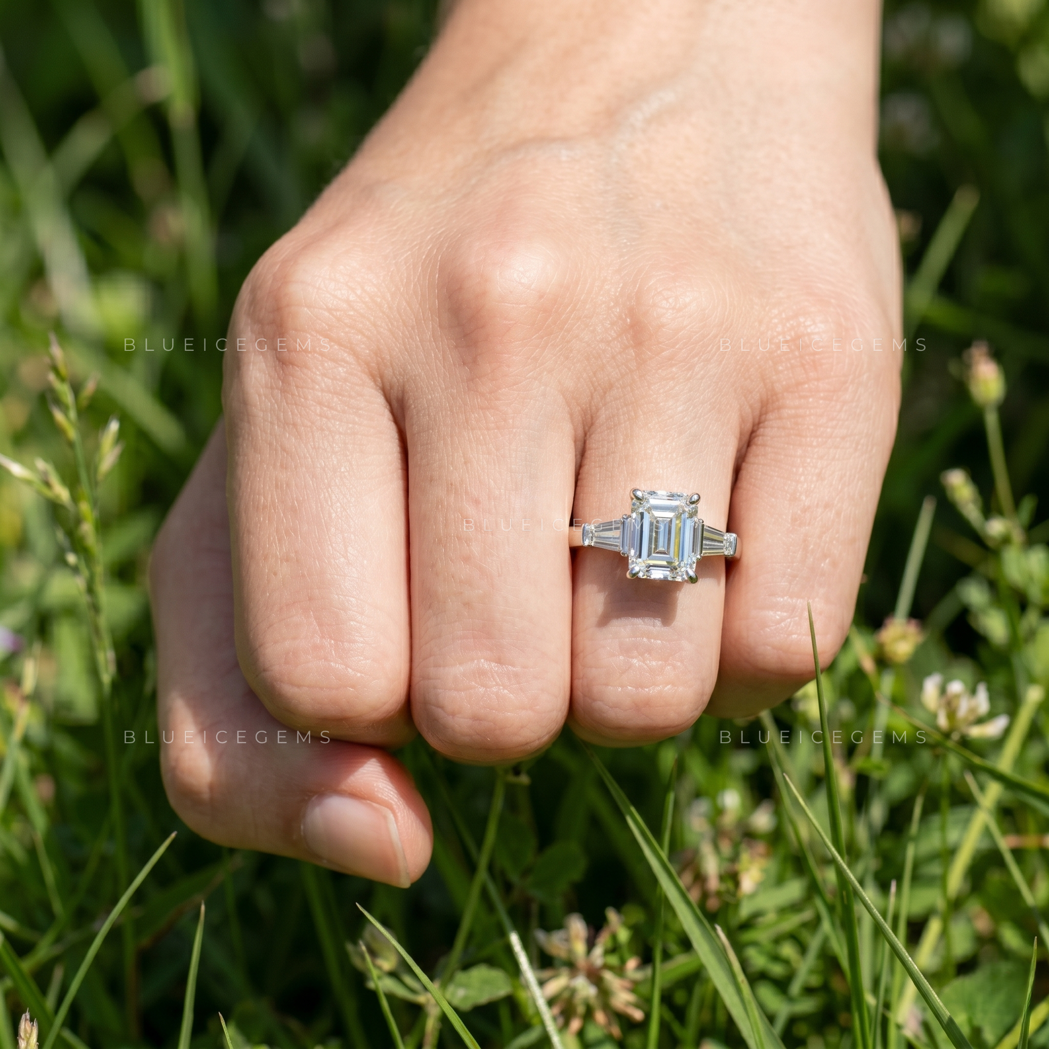 Emerald Cut Trilogy Engagement Ring with Tapered Baguettes