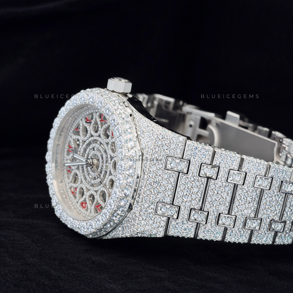 Crimson Filigree: Fully Iced-Out Custom Skeleton Arabic Watch