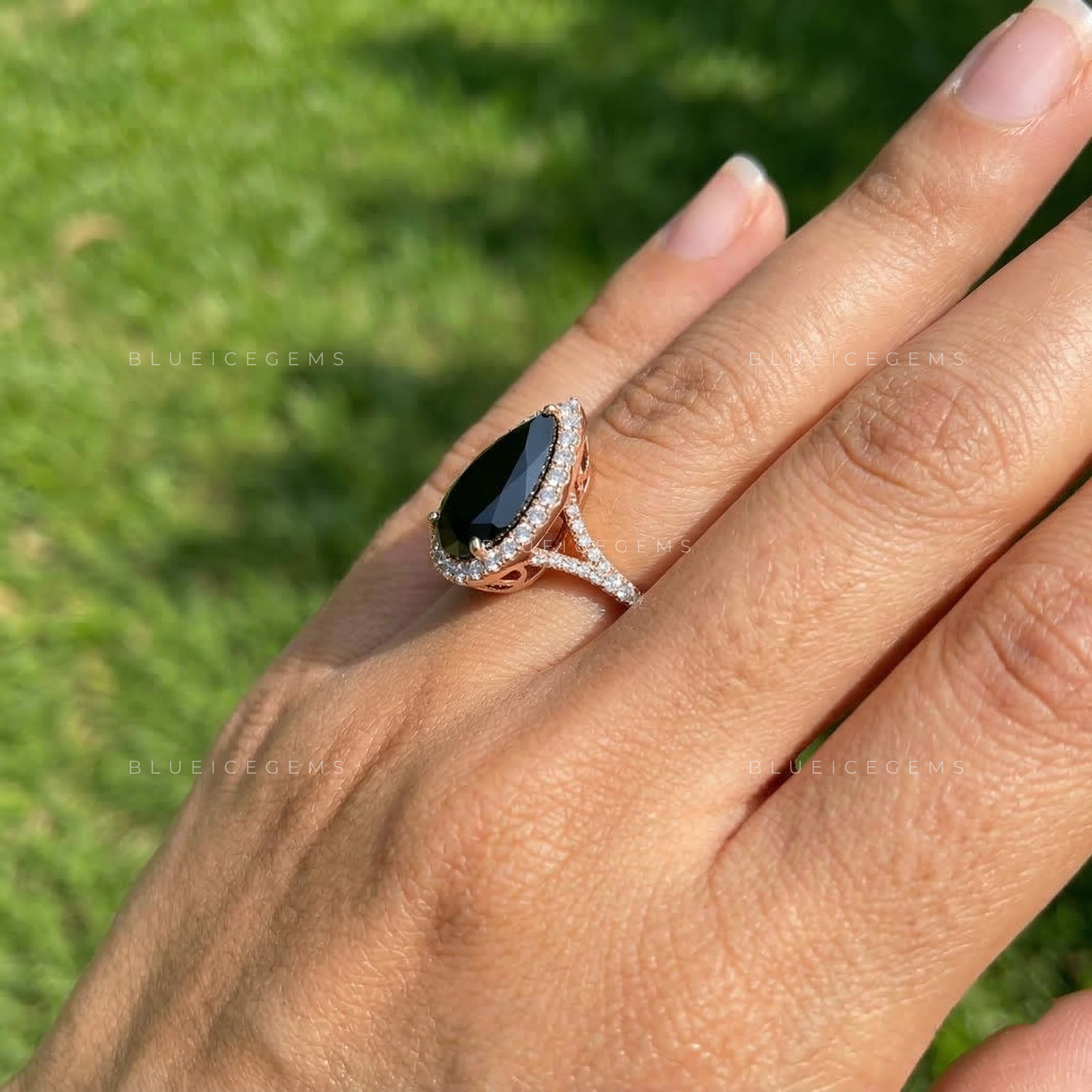 Midnight Velvet Pear Cut Black Moissanite Halo Ring