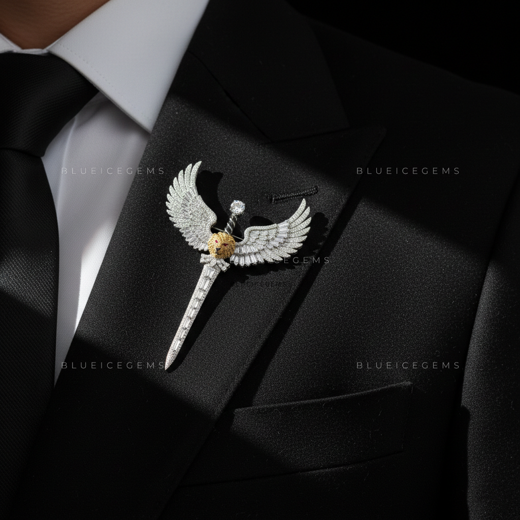 The Guardian's Blade: Bespoke Winged Sword Statement Brooch