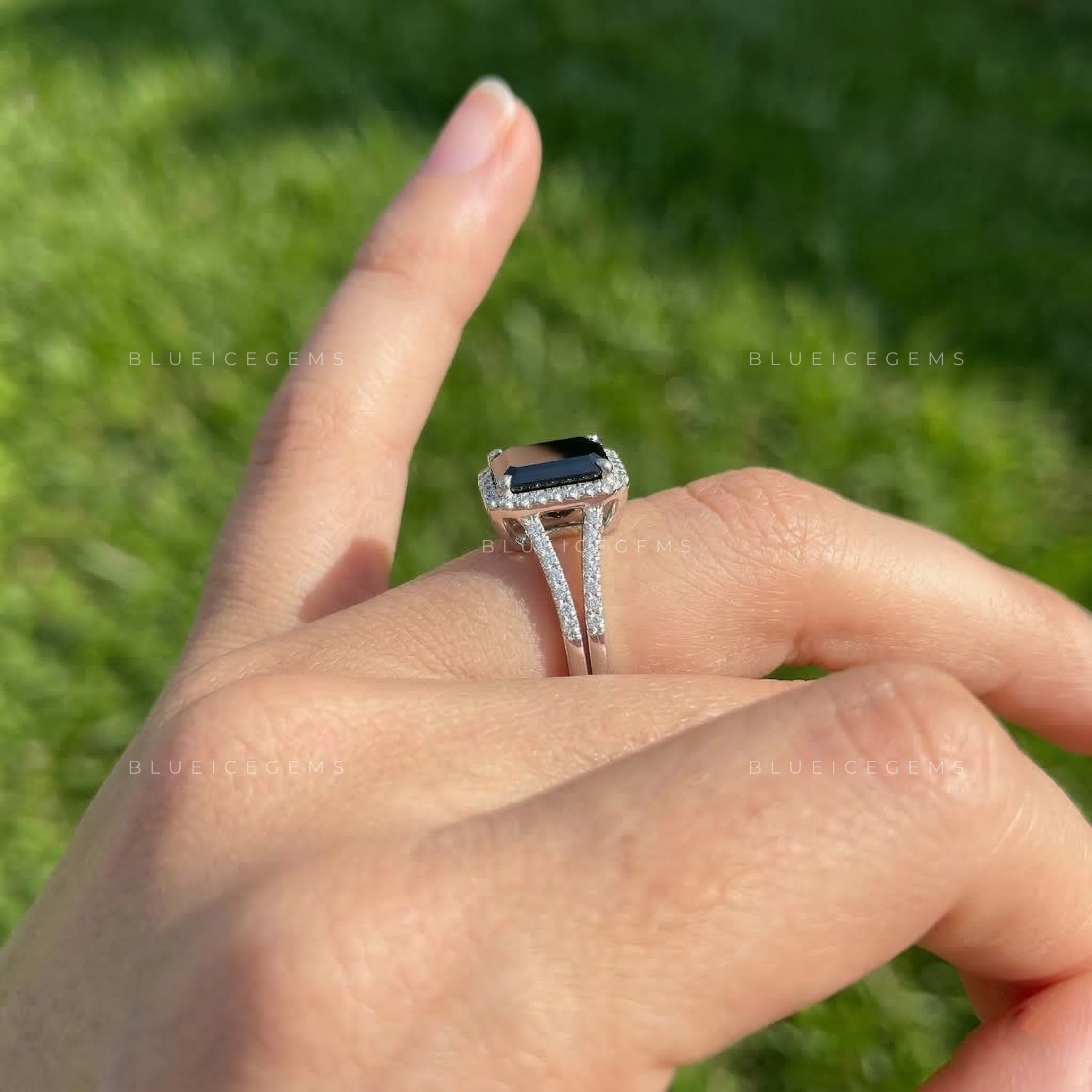Noir Opulence Emerald Cut Black Moissanite Split Shank Ring