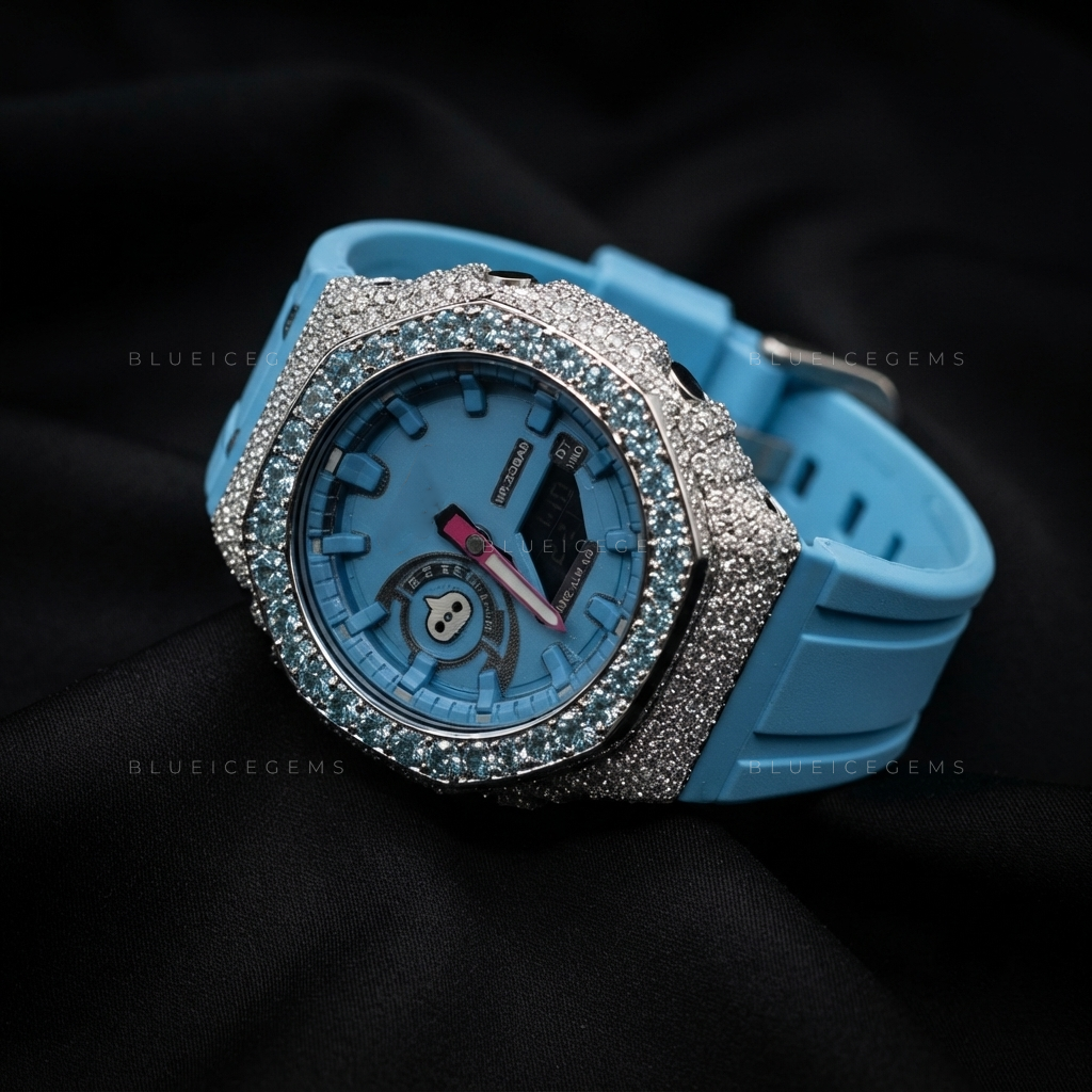 Blue Glacier Prestige Watch – Aqua Blue CZ & White Moissanite