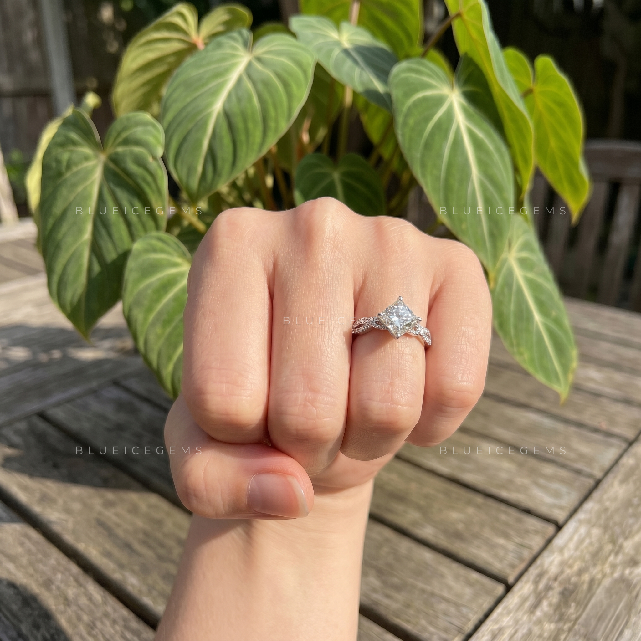 Regal Geometry Princess Cut Three Stone Compass Prong Engagement Ring