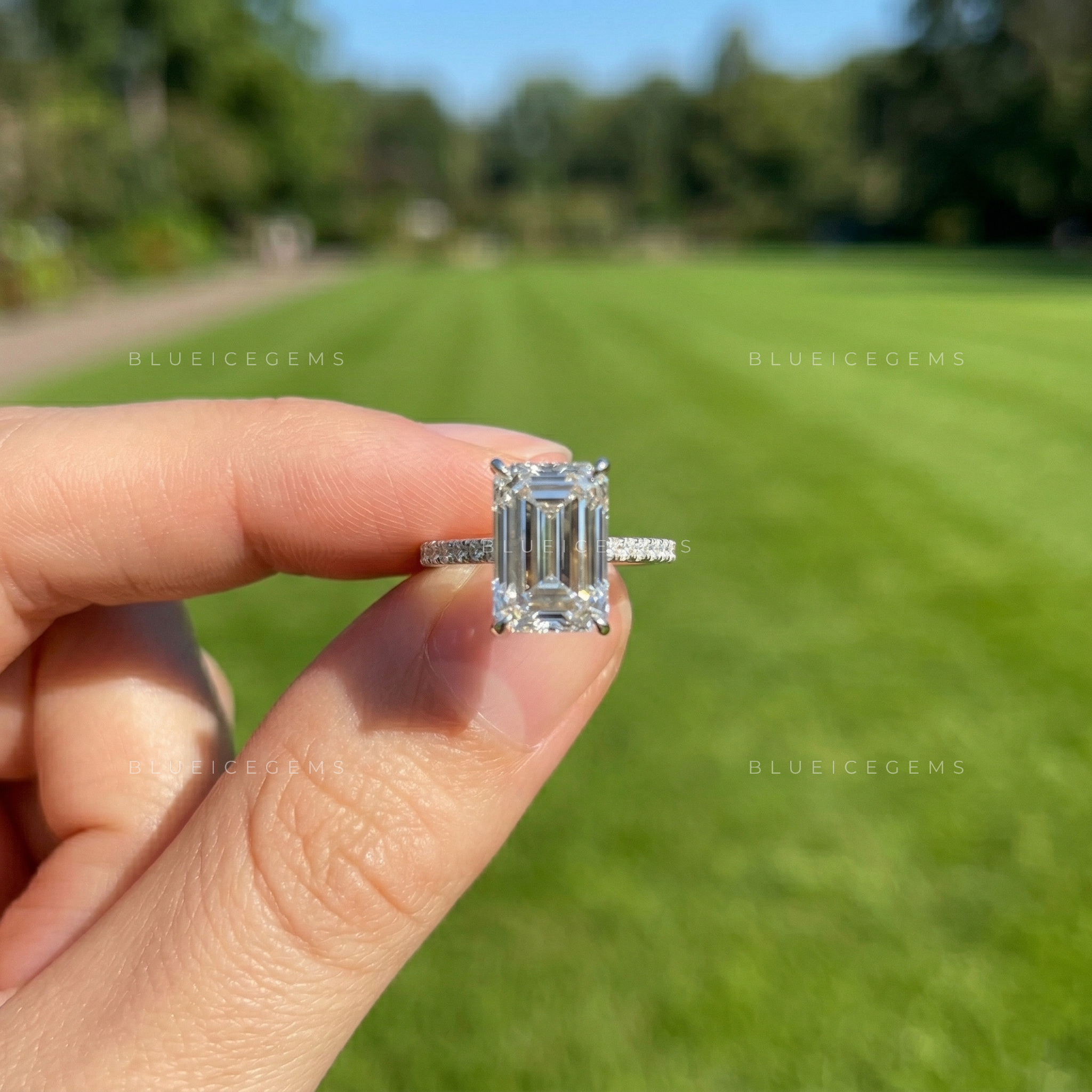 Celestial Radiance Emerald Cut Lab-Grown Diamond Hidden Halo Ring